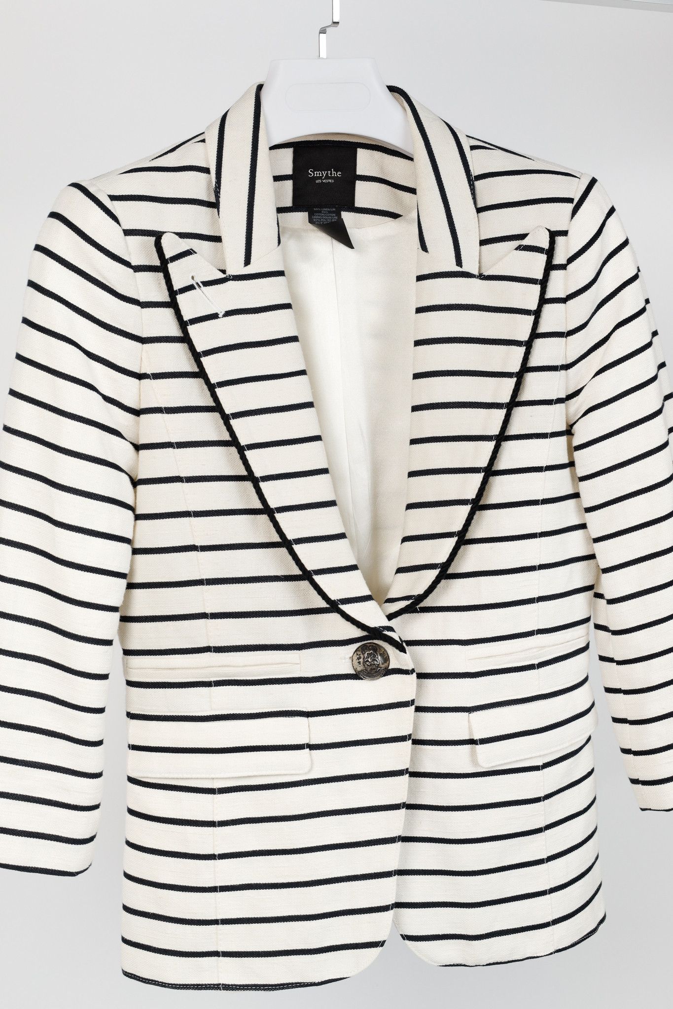 SMYTHE Smythe White & Black Striped Linen-Cotton Blazer Size M / US 6-8 / IT 42-44 - 3 Thumbnail