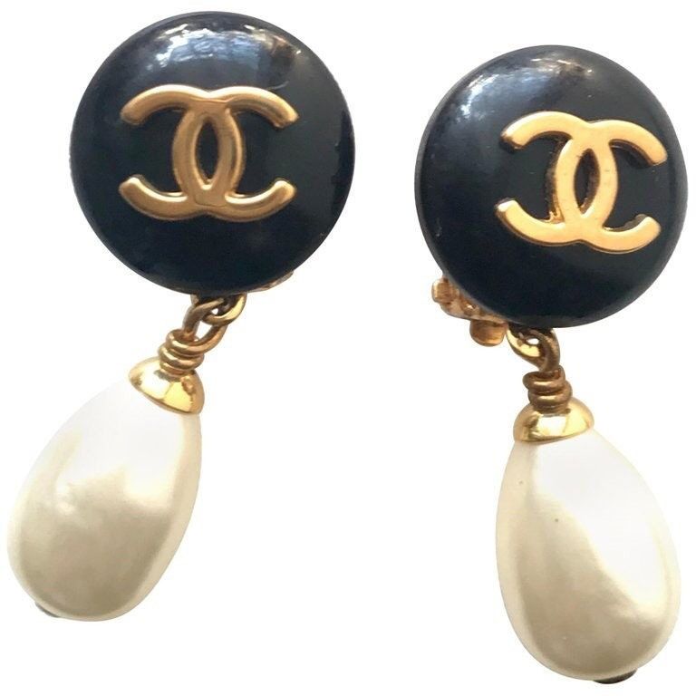 image of Vintage Chanel Teardrop White Faux Pearl Earrings With Cc, Women's