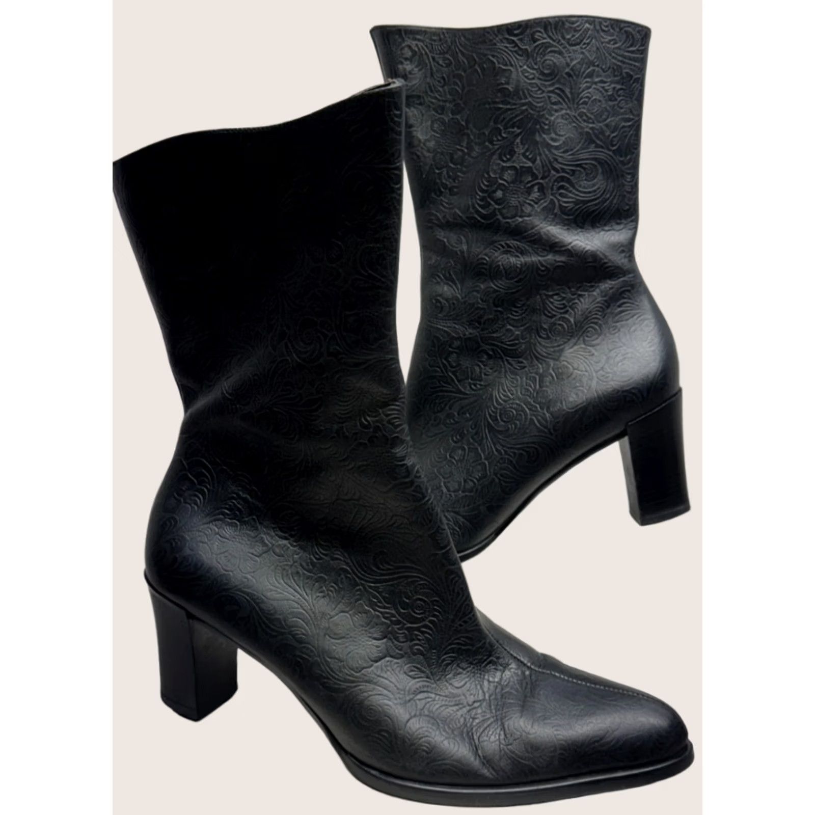 Vintage A Marinelli Archer Tooled Embossed Leather Boots Black Women 7.5M 38 Size US 8 / IT 38 - 1 Thumbnail