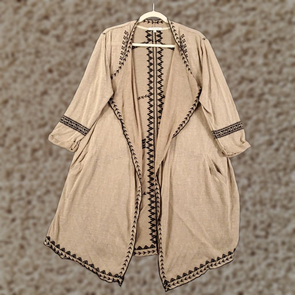 Vintage John Mark Cardigan Womens XL Tan Black Geometric Knit Open Front Flowy Sweater Size XL / US 12-14 / IT 48-50 - 1 Thumbnail