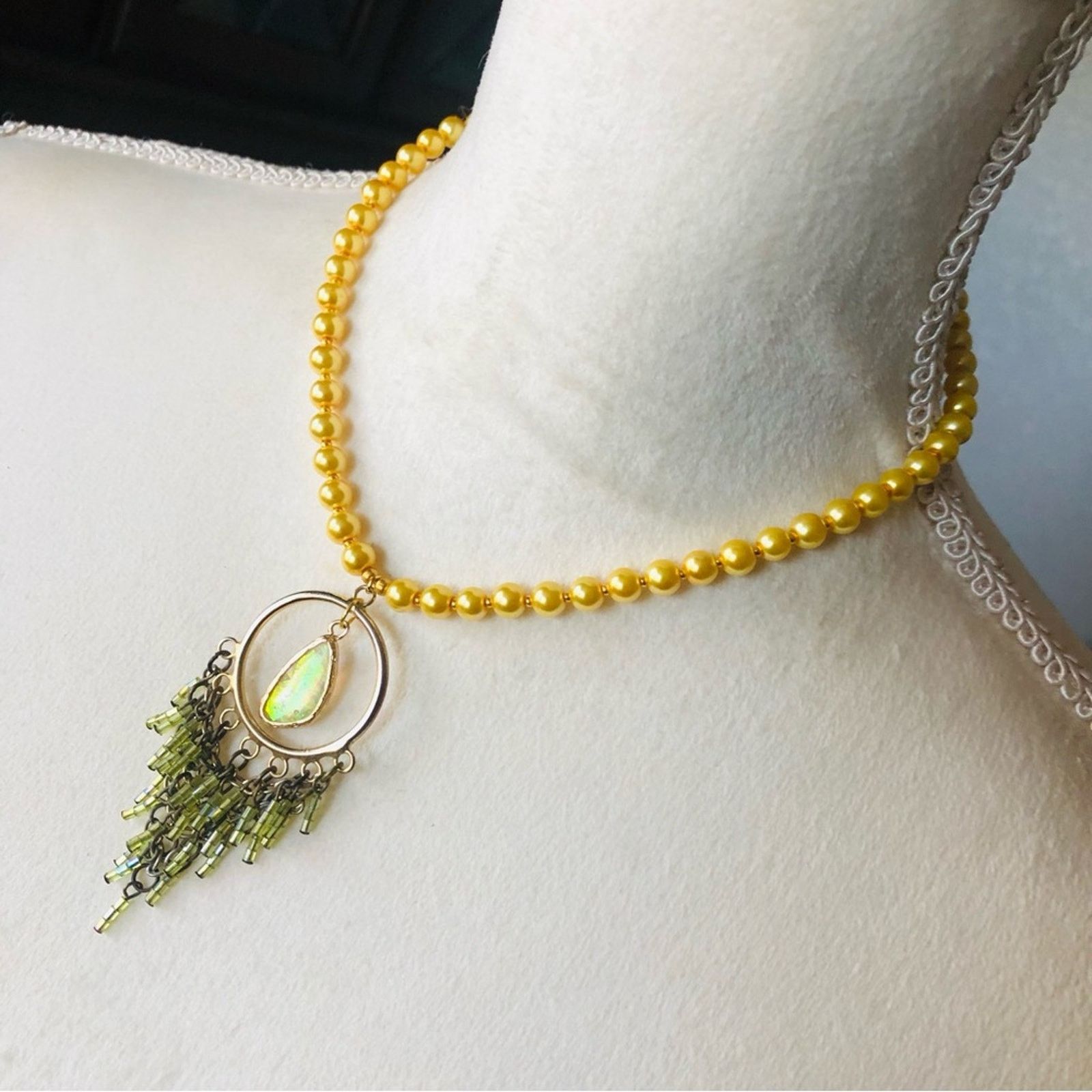 Handmade Handcrafted repurpose faux opal beaded fringe Pearl necklace Size ONE SIZE - 4 Thumbnail