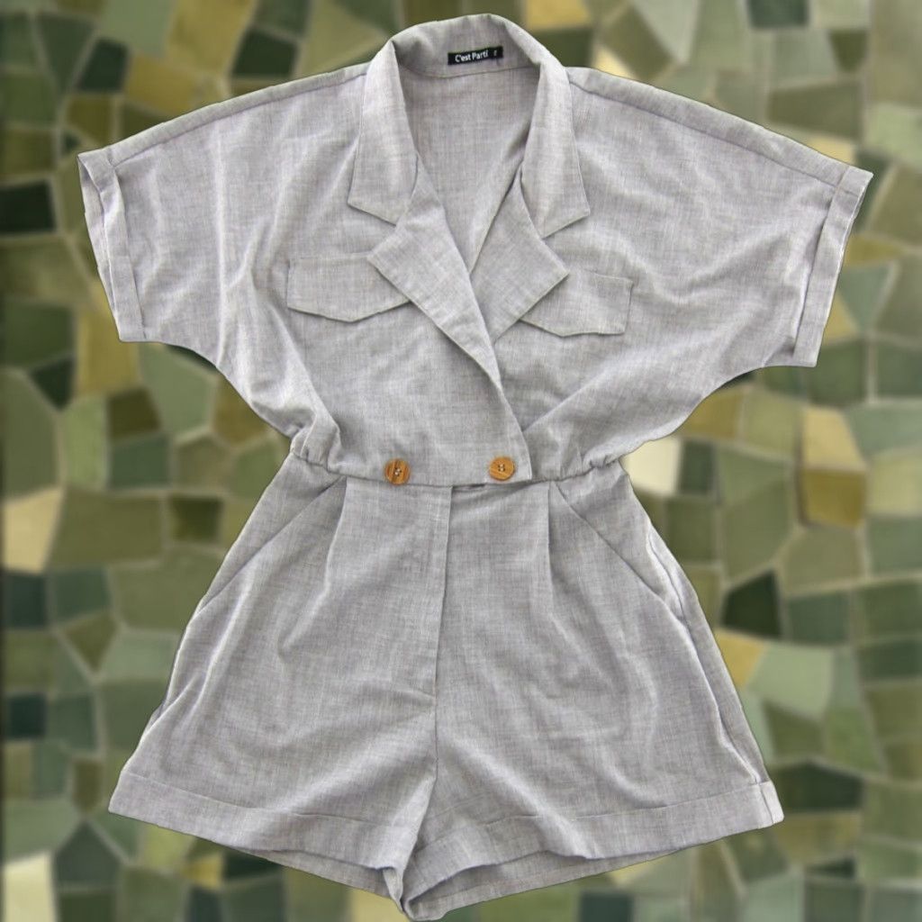 Vintage C'est Parti Grey Collared Pocket Relaxed Lagenlook Romper Shorts Women S Size S / US 4 / IT 40 - 1 Thumbnail