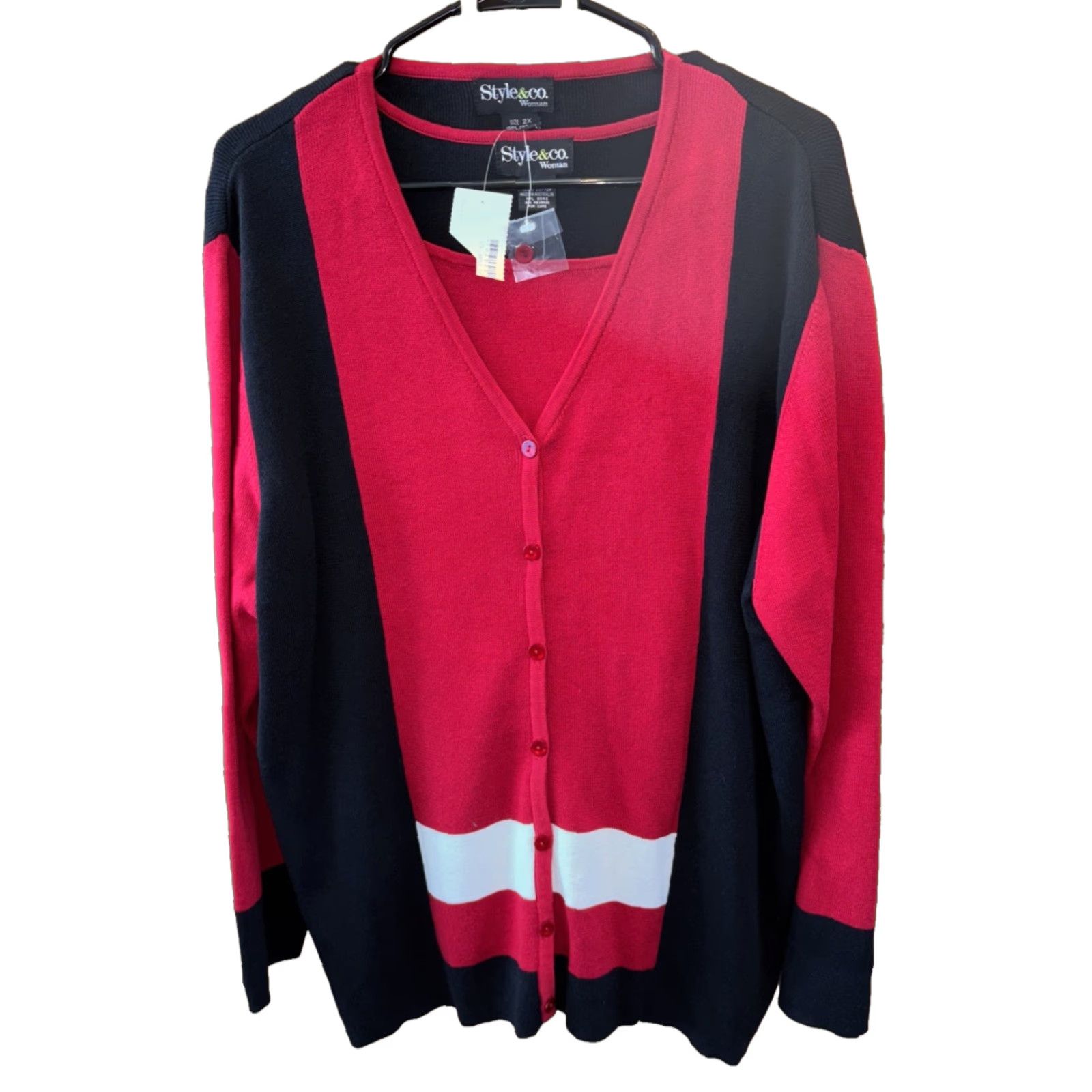 Style & Co VINTAGE Style & Co 2 Piece Women Sweater Set NEW Cardigan Tank 2X Red White Black Cotton Size XXL / US 16-18 / IT 52-54 - 1 Thumbnail