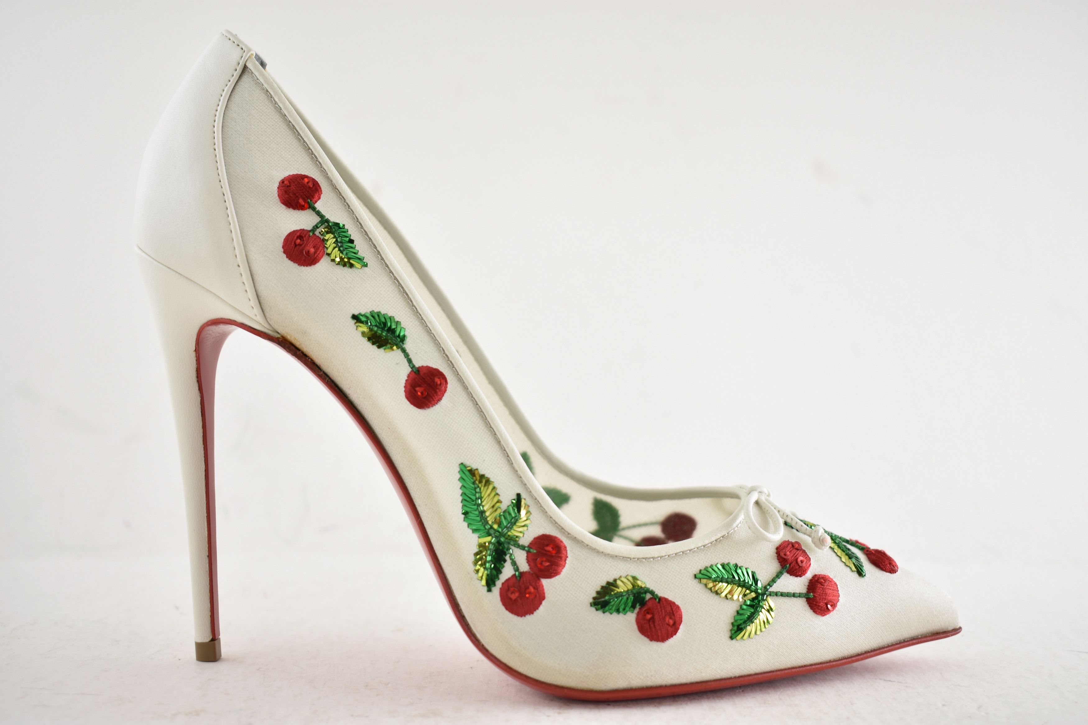 Christian Louboutin Cherrypump 100 Latte White Organza Red Cherry Pump Heel 39.5 Size US 9.5 / IT 39.5 - 2 Thumbnail