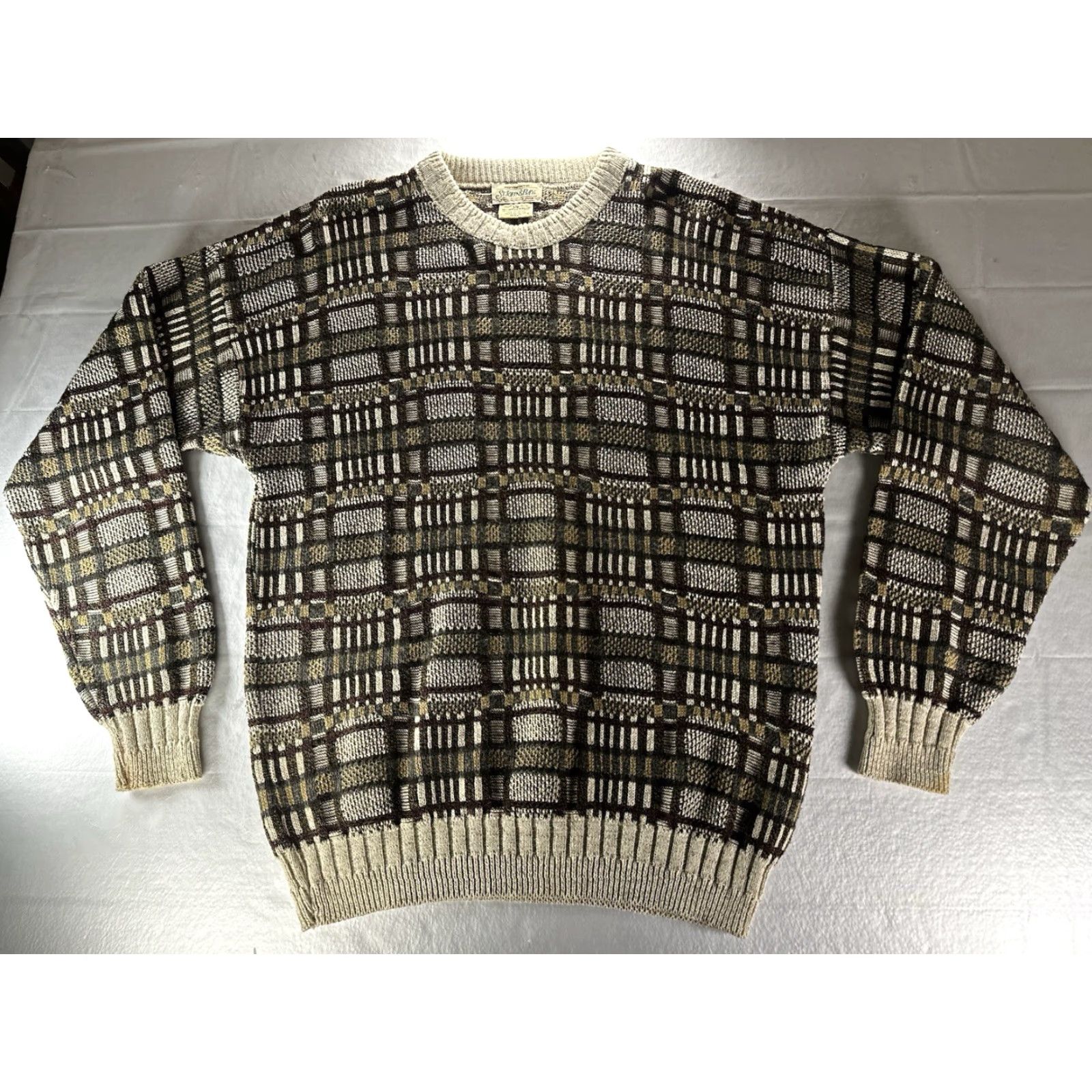 Vintage VTG St. Johns Bay Geometric Ribbed Sweater Mens Large Beige Multi Geometric Ribbed Pullover 90s Vintage Mens L Beige St. Johns Bay Size US L / EU 52-54 / 3 - 3 Thumbnail