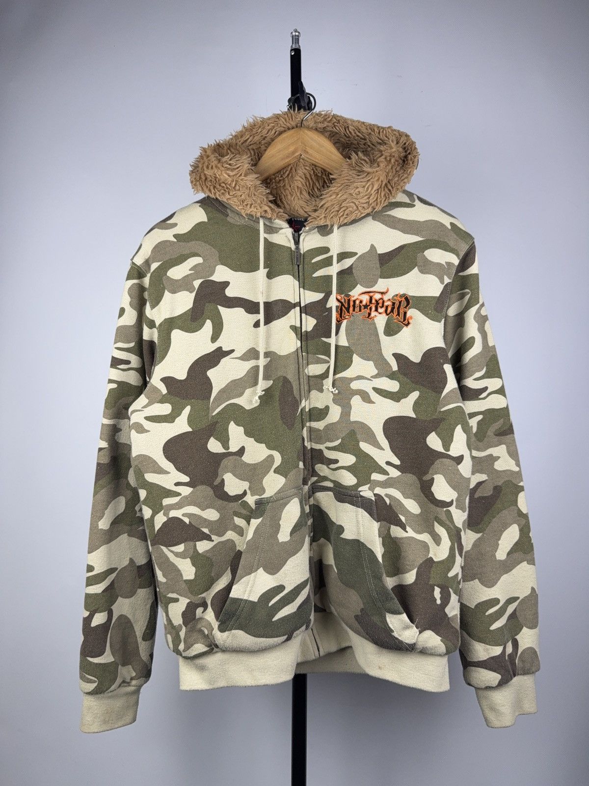 Vintage 00s Y2K NO FEAR Camo Full Zip Hoodie Mohair hood