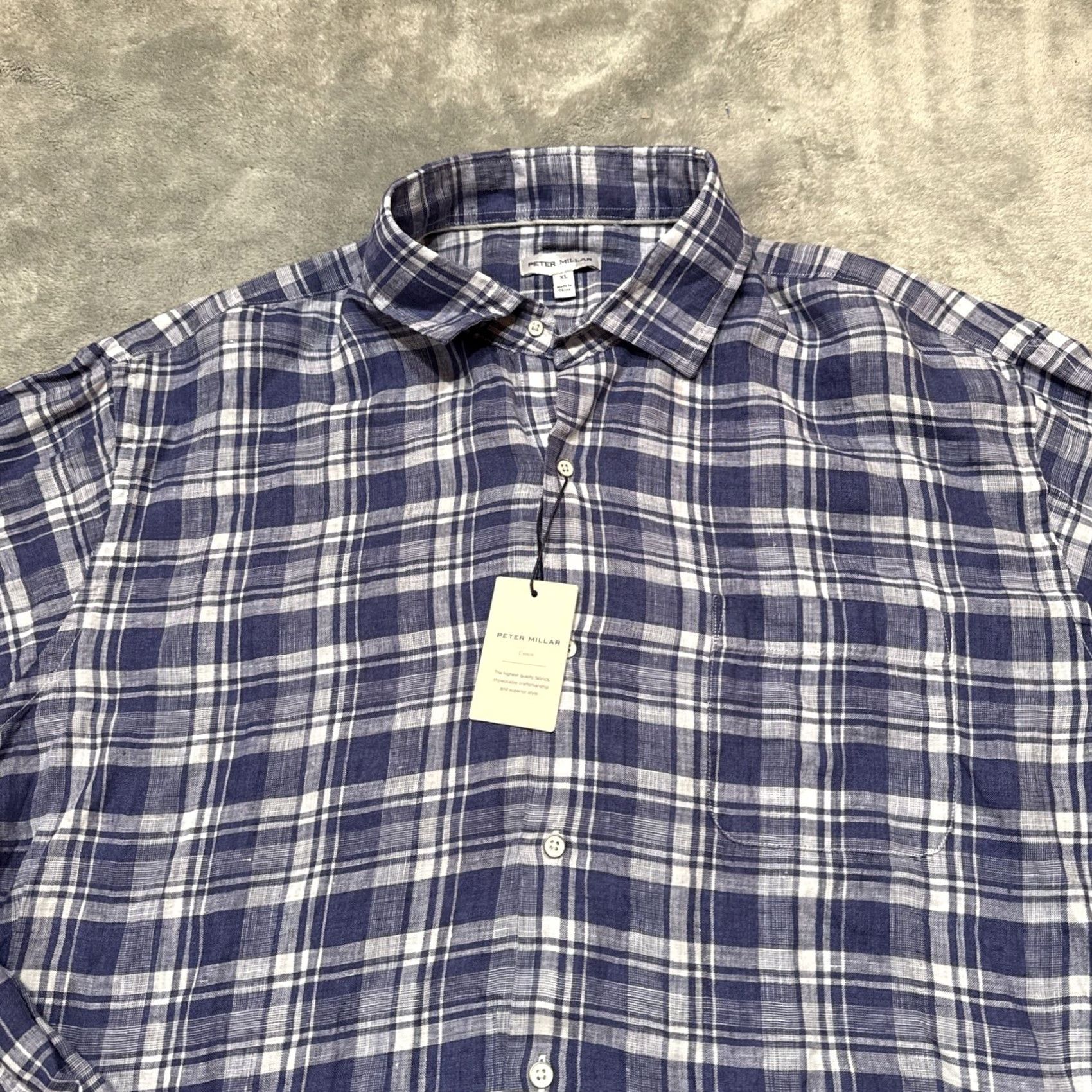 Peter Millar Peter Millar Shirt Mens XL Blue Linen Beach Bluff Button-Up Plaid NWT Crown Sport Casual Knit Pocketed Collared Long Sleeve Size US XL / EU 56 / 4 - 2 Thumbnail