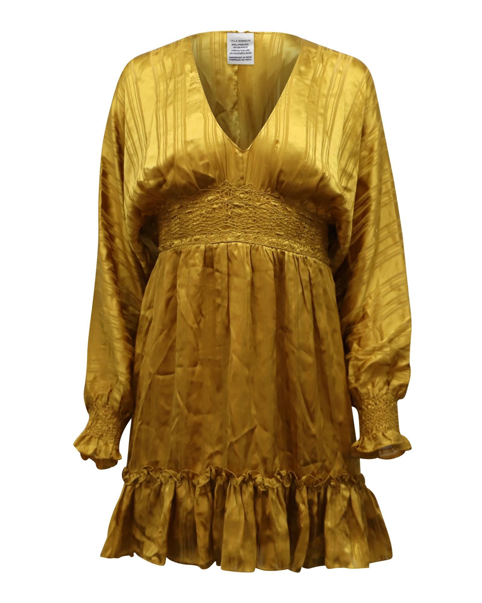 image of Shimmering Gold Silk Mini Dress With Smocked Detailing By Ulla Johnson, Women's (Size XS)