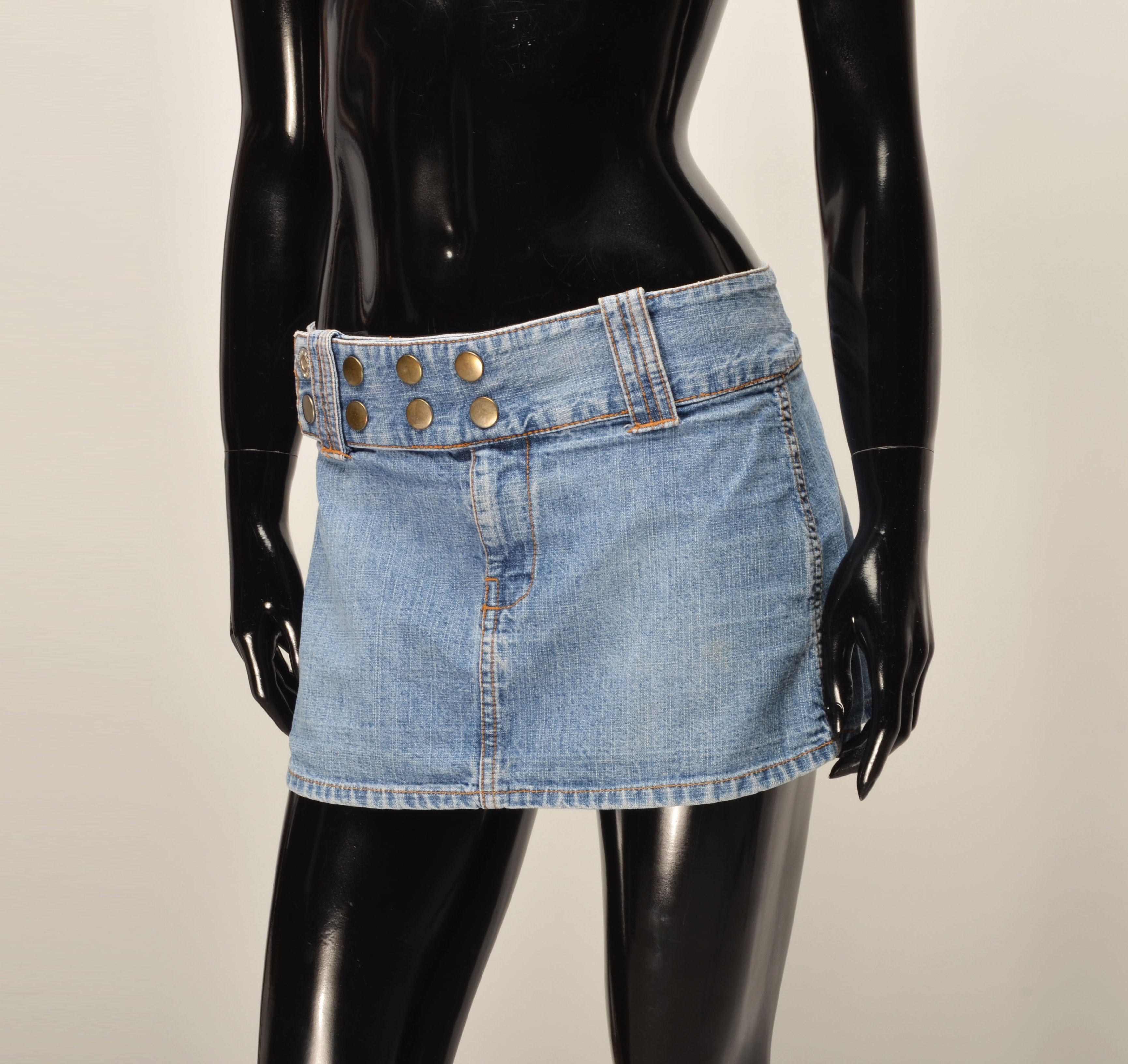 Vintage Vintage Fishbone Y2K Glam Denim Blue Micro Skirt Size 33" - 2 Thumbnail