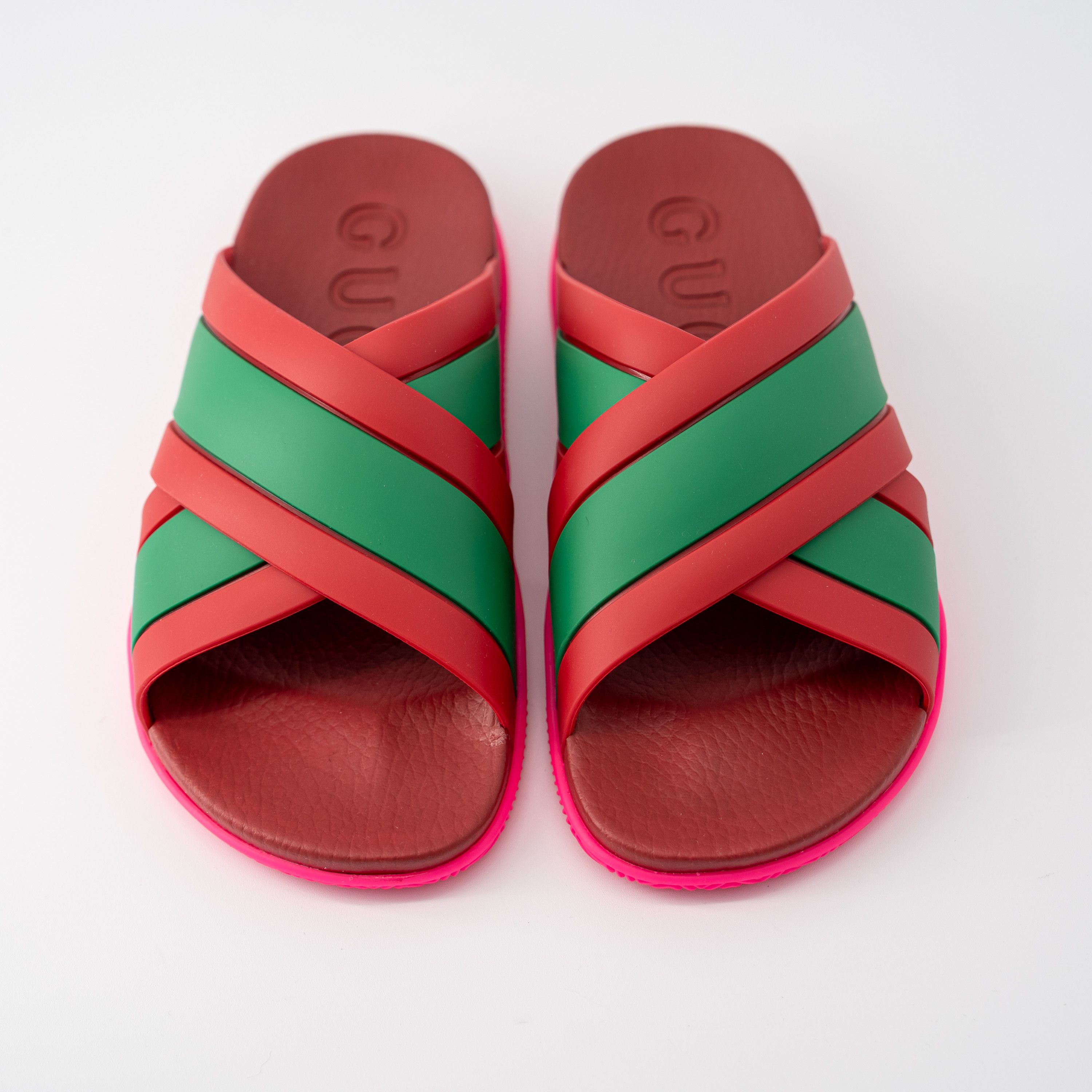 Gucci 37G - Gucci Slide Sandals Cross Striped Red Green Web Rubber Size US 7 / IT 37 - 3 Thumbnail