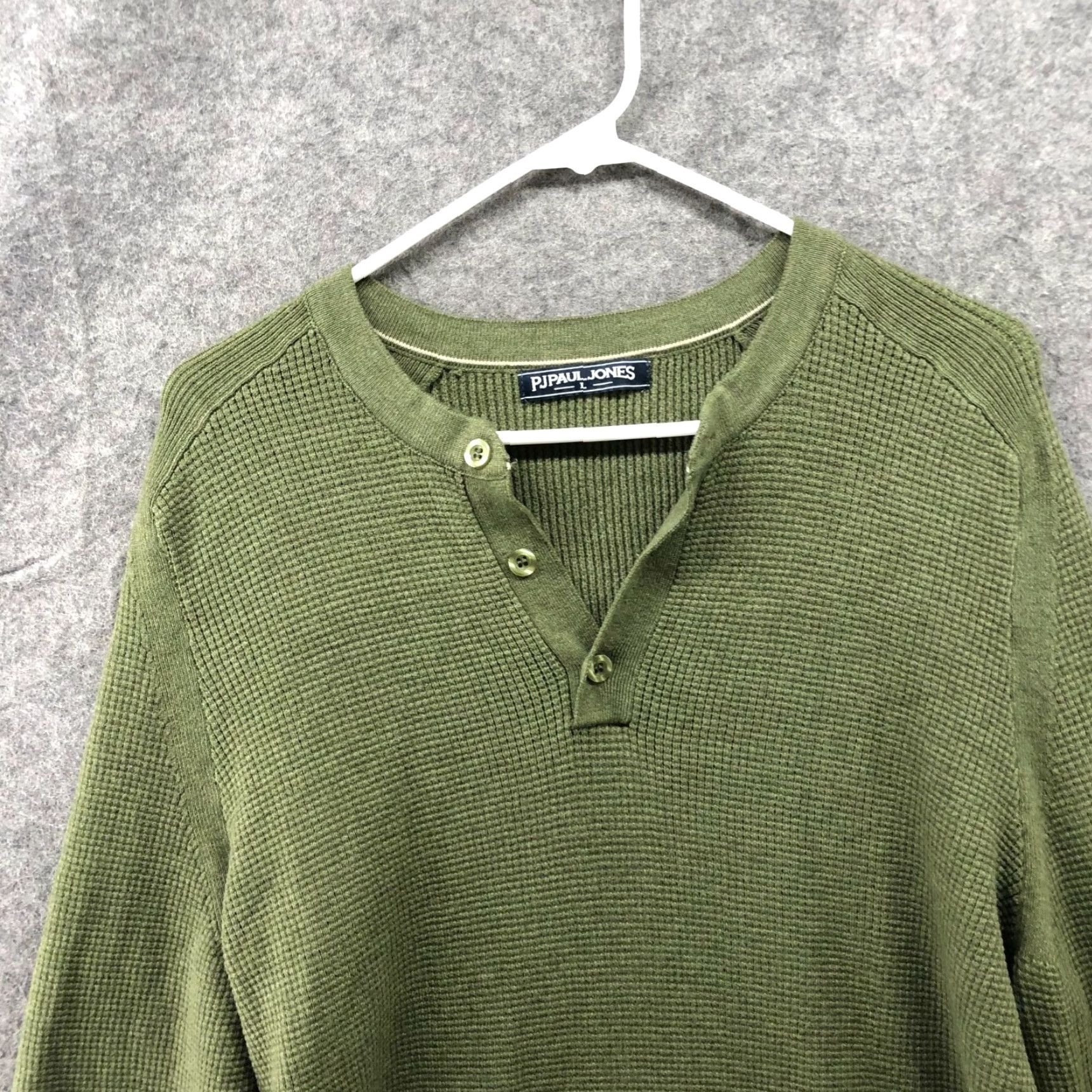 Olive PJ Paul Jones Waffle Knit Henley Sweater Mens L Olive Green Textured Pullover Knit Shirt Mens L Olive Green Classic Casual Winter Fall - Mens Size US L / EU 52-54 / 3 - 3 Thumbnail