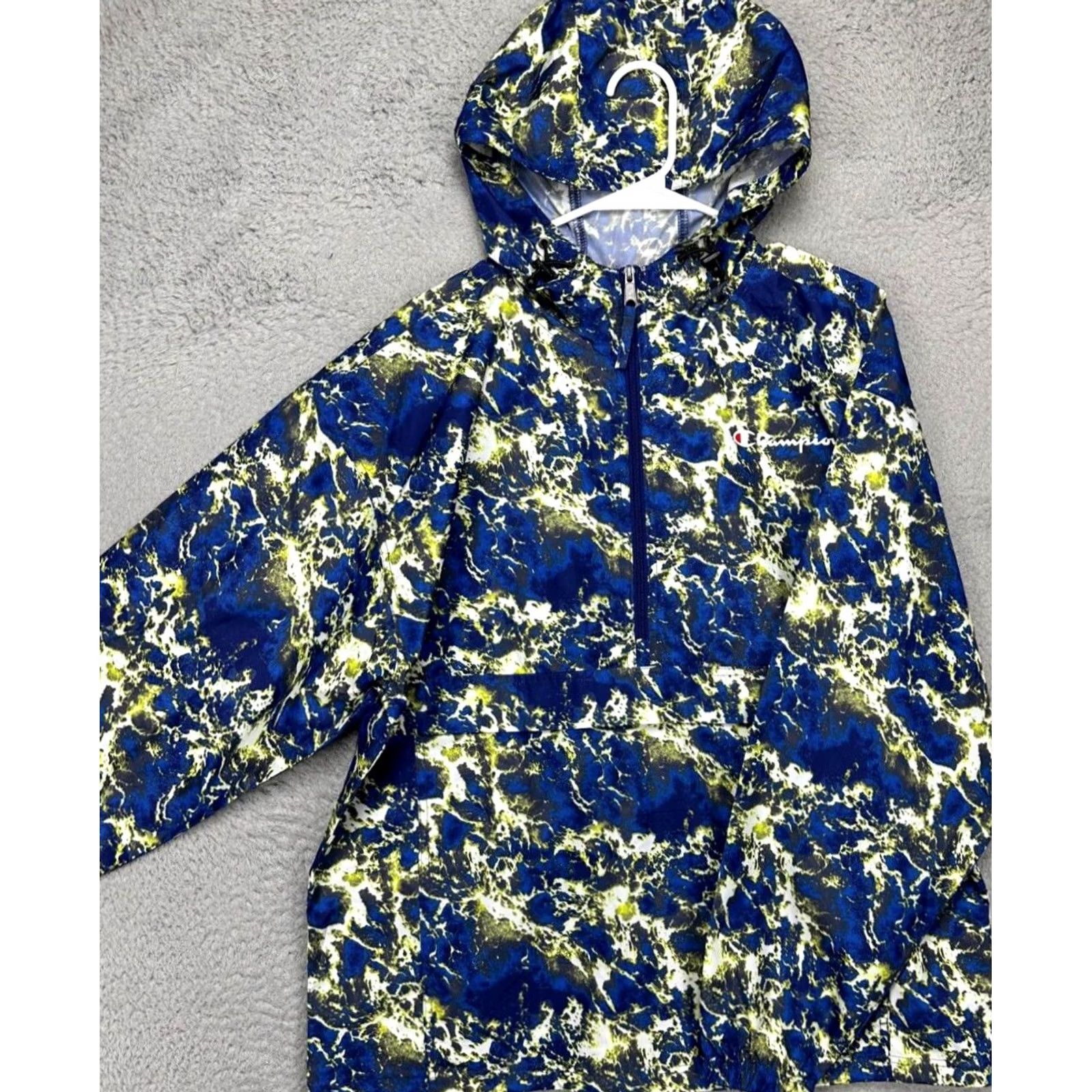 Champion Champion Jacket Mens Large Blue Geometric Windbreaker Hooded 1/2 Zip Lightweight Regular Fit Outer Shell Polyester Size US L / EU 52-54 / 3 - 4 Thumbnail