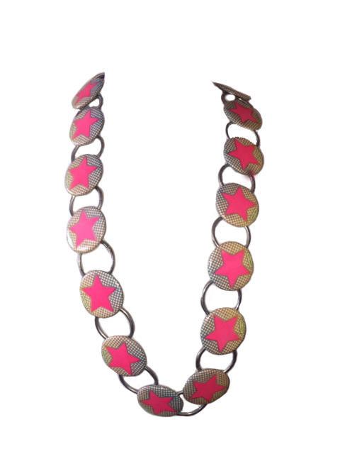Designer Peter Max Bright Pink Star with Checkers Button NecklaceBelt Size ONE SIZE - 3 Thumbnail