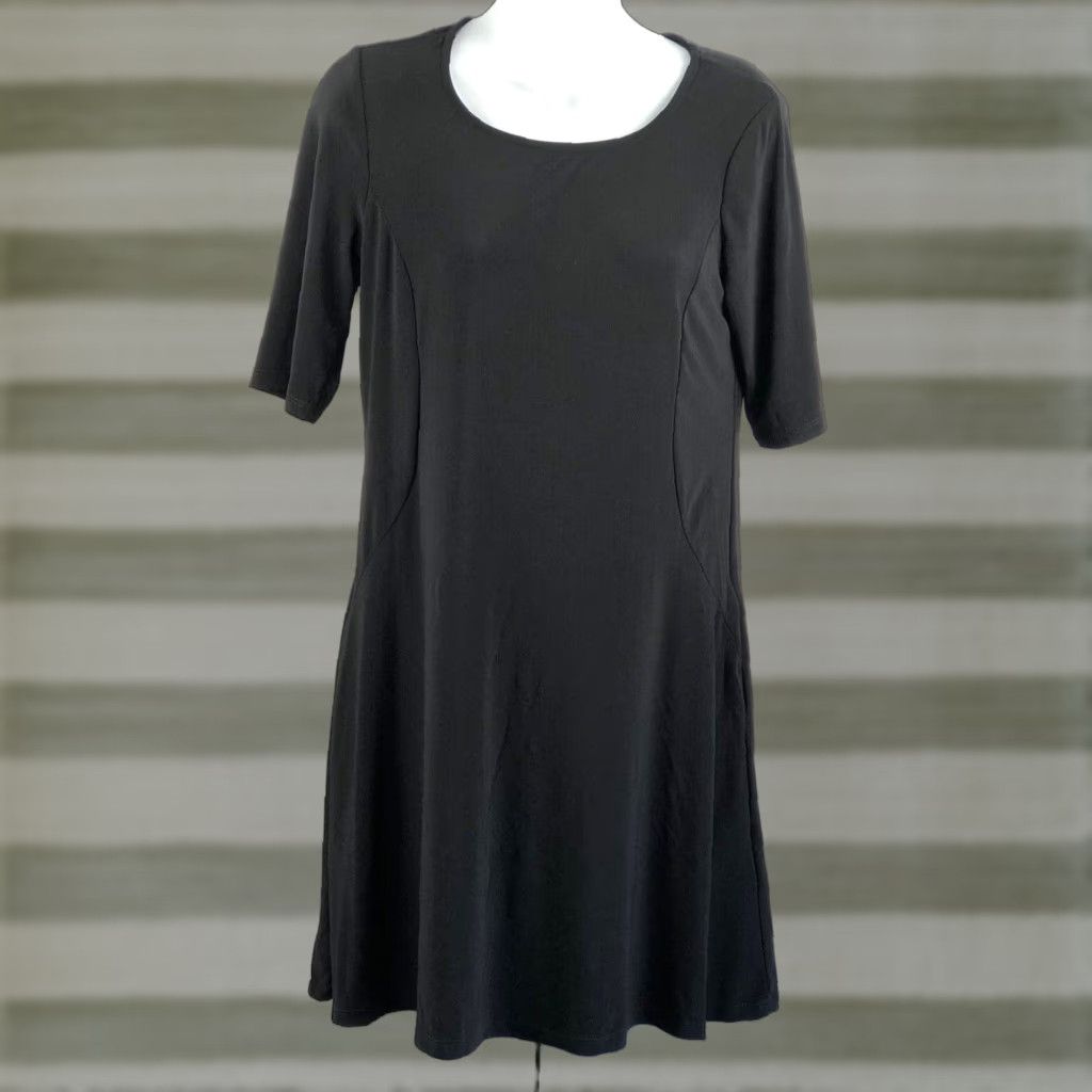 Vintage Annalee + Hope Swing Shift Dress S Blk 1/2 Sleeve Knee Length Pockets Scoop Stretch Liquid Knit Size S / US 4 / IT 40 - 1 Thumbnail