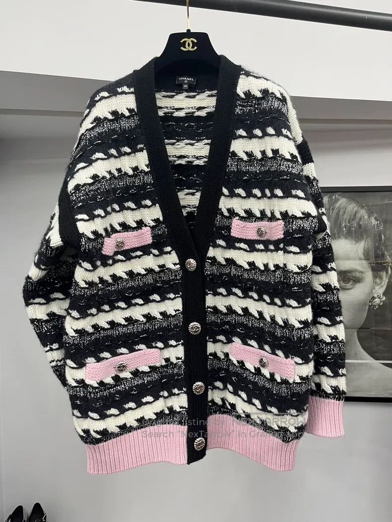 Chanel Black and white striped with pink striped cashmere