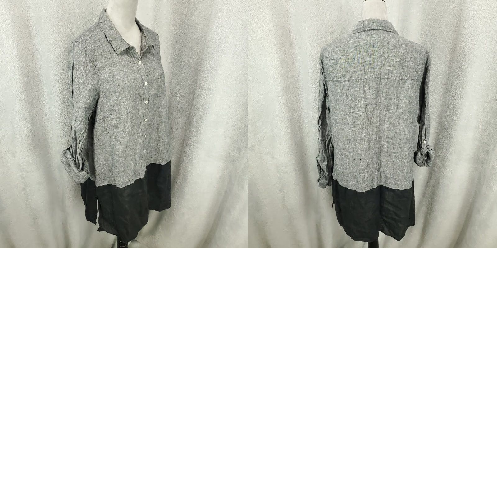 Vintage Tahari Linen Top Womens 1X Gray Black Roll Tab Sleeve Button Up Tunic Size XL / US 12-14 / IT 48-50 - 8 Thumbnail
