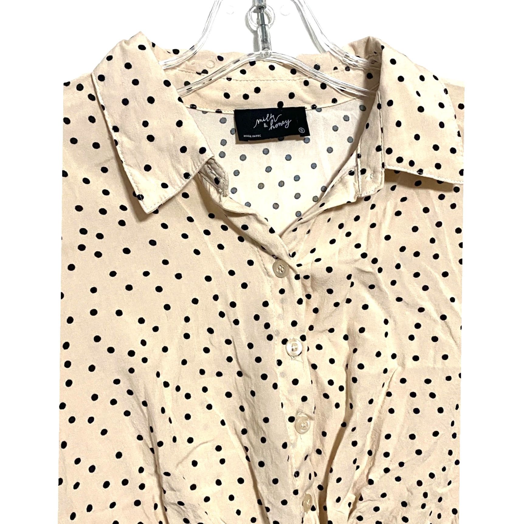 Etro Milk + Honey Polka Dot Crop Blouse Top S Cropped Blouse Womens Semi-Fitted Short Sleeve Tan Polka Dot Casual Retro Feminine Size S / US 4 / IT 40 - 4 Thumbnail