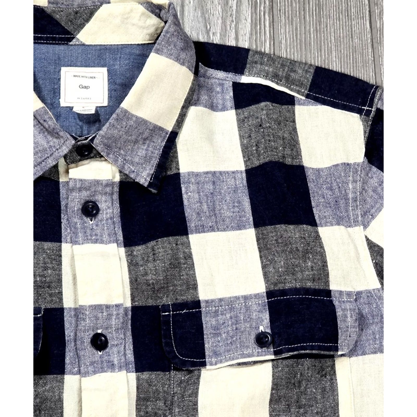 Gap Gap Button-Up Shirt Linen Blend Long Sleeve Blue White Check Gingham (L) Mens Casual Shirt Size US L / EU 52-54 / 3 - 3 Thumbnail