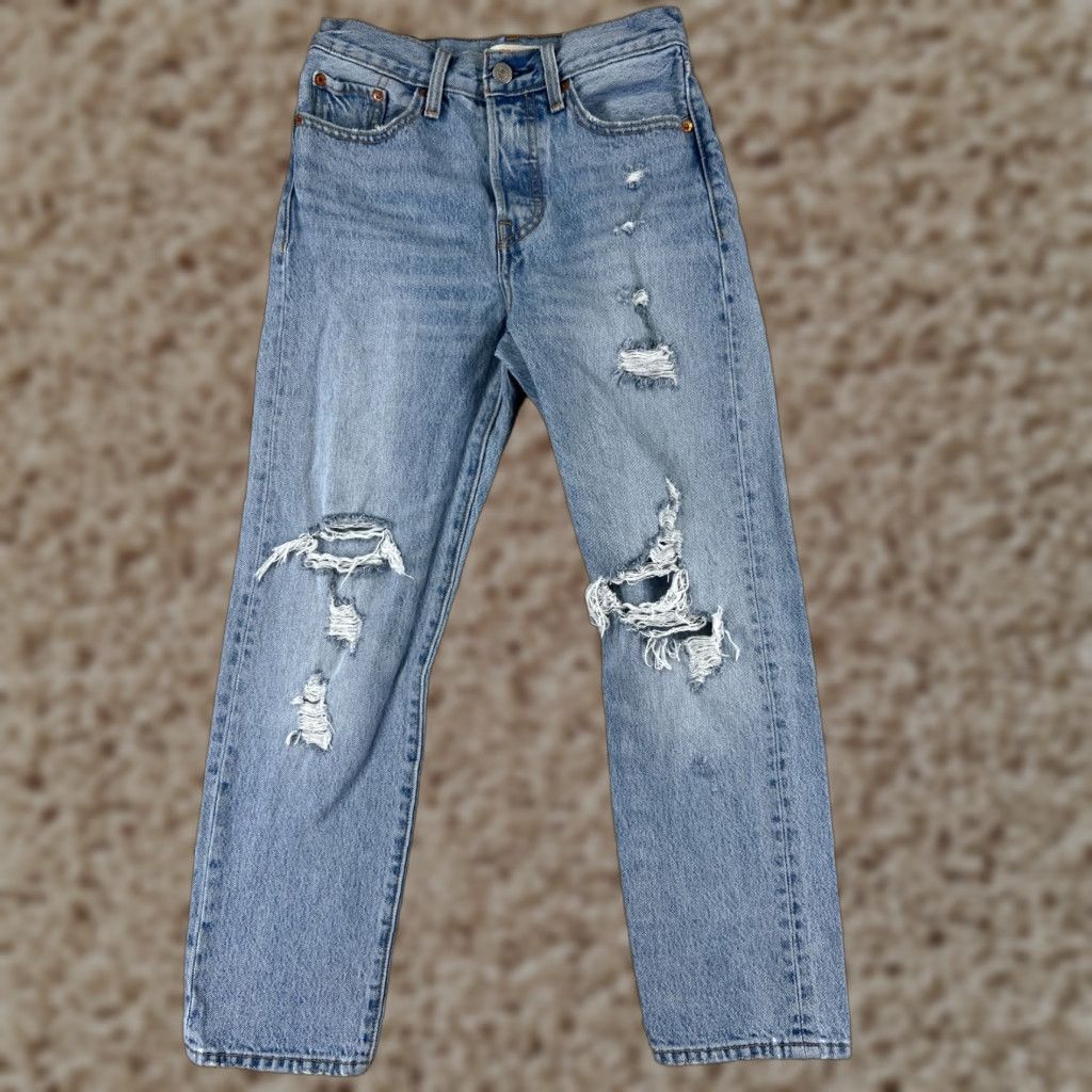 Levi's Levi's Wedgie Fit Jeans Blue Denim Women's Regular 24 Mid Rise Straight Stretch Distressed Casual Size 42" / US 20 - 1 Thumbnail