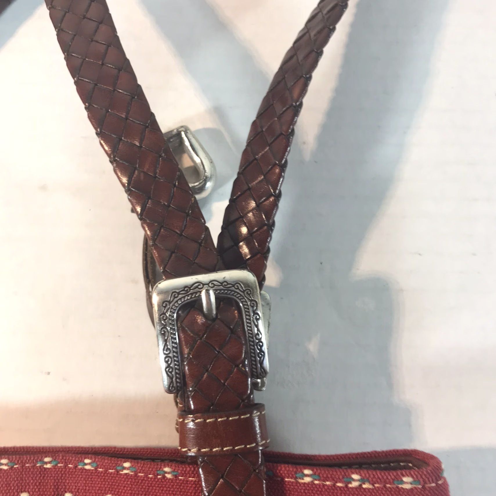 Brighton Brighton Red Canvas Shoulder Bag with Brown Leather Double Handles and Heart Charm, Medium, Business Casual Travel, Womens Size ONE SIZE - 4 Thumbnail
