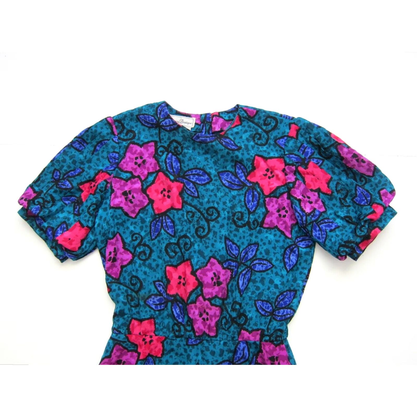 Vintage Vtg Maggy Boutique Green Blue Pink Floral Short Sleeve Pleated Sheath Dress 12 Size 34" / US 12 / IT 48 - 3 Thumbnail