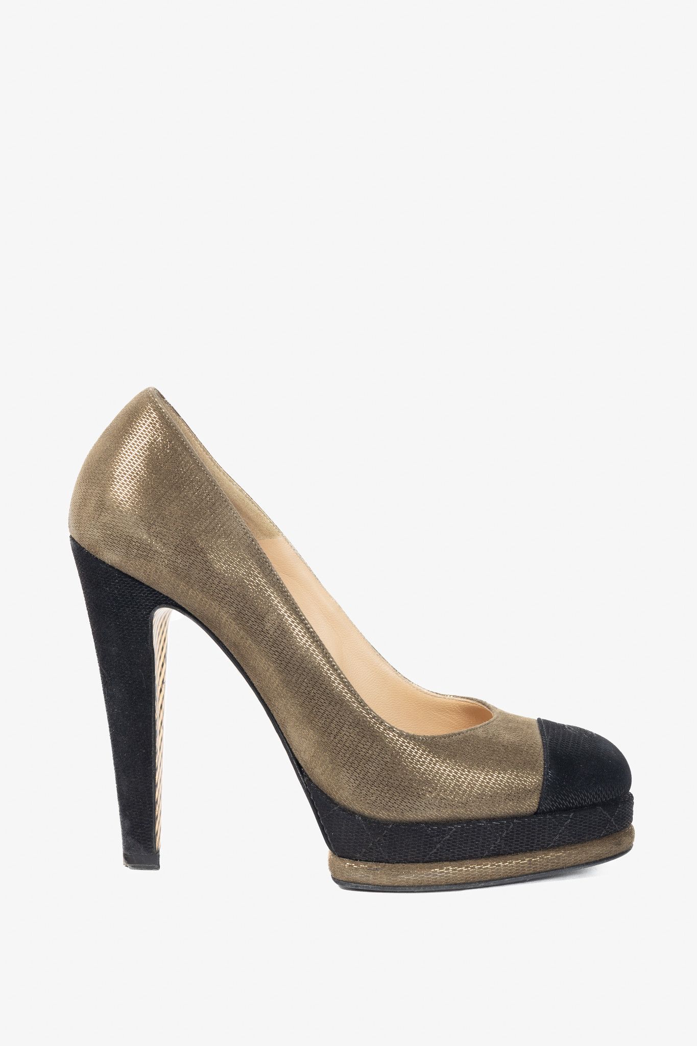Chanel Chanel 12A Khaki & Noir Suede Cap-Toe Pumps Size US 6.5 / IT 36.5 - 1 Thumbnail