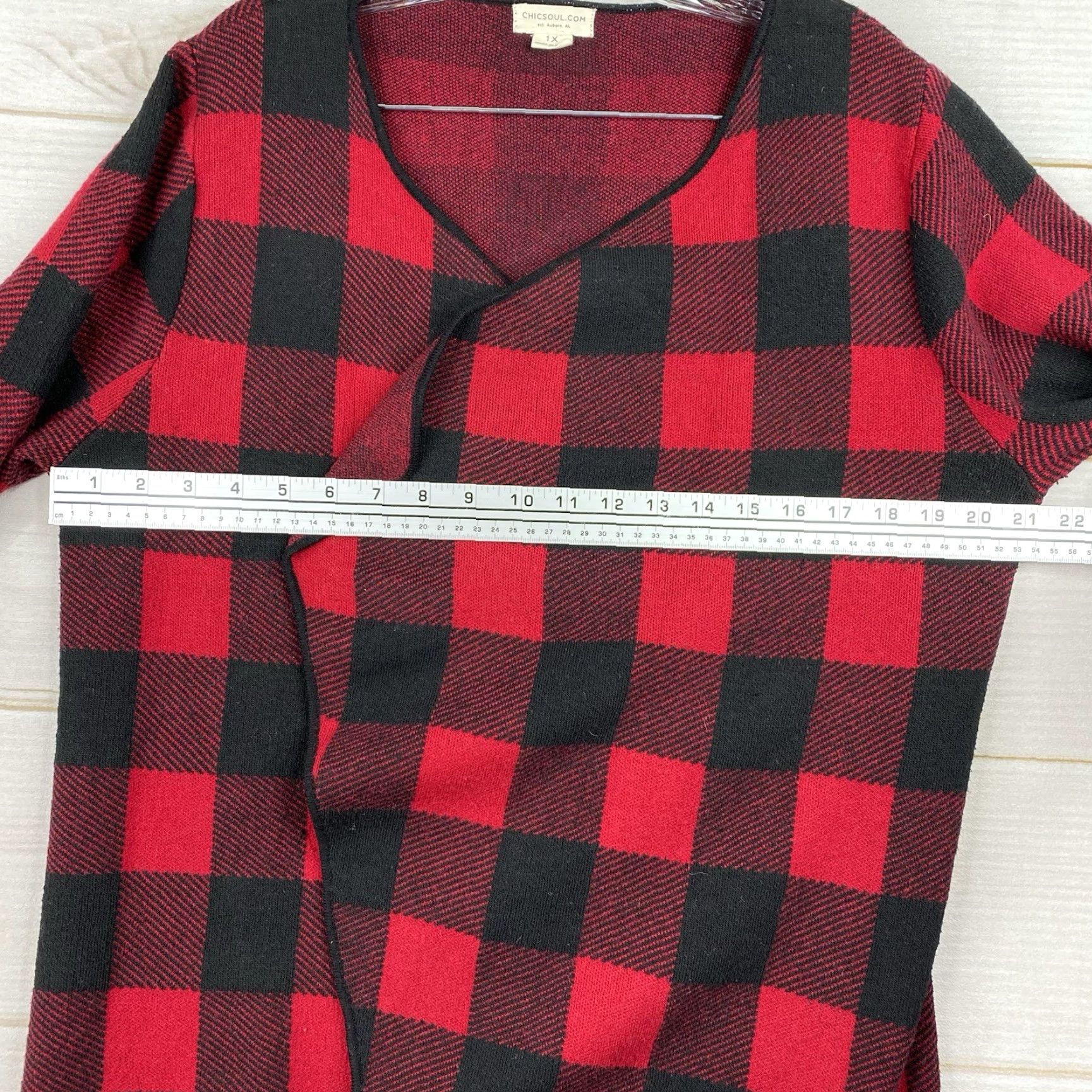 Vintage Chic Soul Cardigan Sweater Womens 1X Red Buffalo Plaid Open Front Draped Duster Size XL / US 12-14 / IT 48-50 - 6 Thumbnail