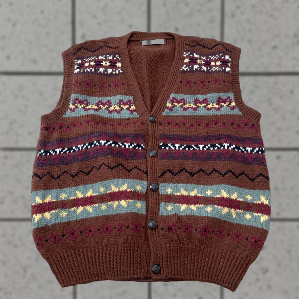 Vintage Manny Aztec Print Knit Vest Men M Brown Green Red Preppy Western Cardigan 42" Size US M / EU 48-50 / 2 - 1 Thumbnail