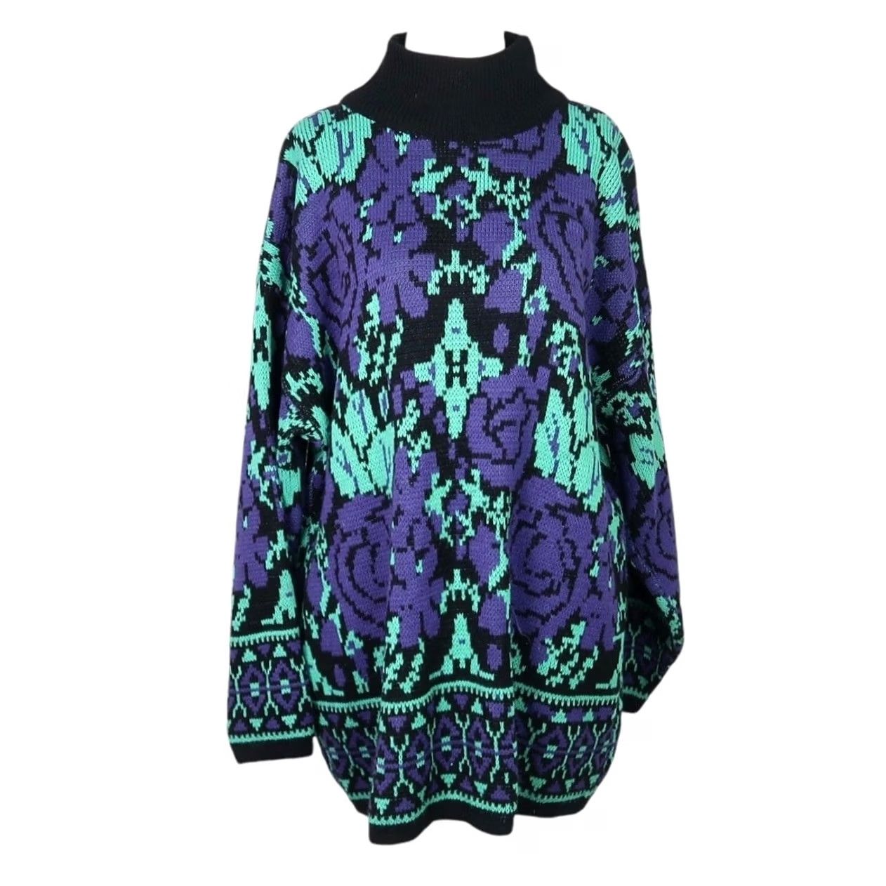 Vintage VINTAGE Michael Carrie Floral Tunic Sweater L Womens Long Sleeve Mock Neck Knit 80s Fall Winter - Black Purple Green Size L / US 10 / IT 46 - 2 Thumbnail