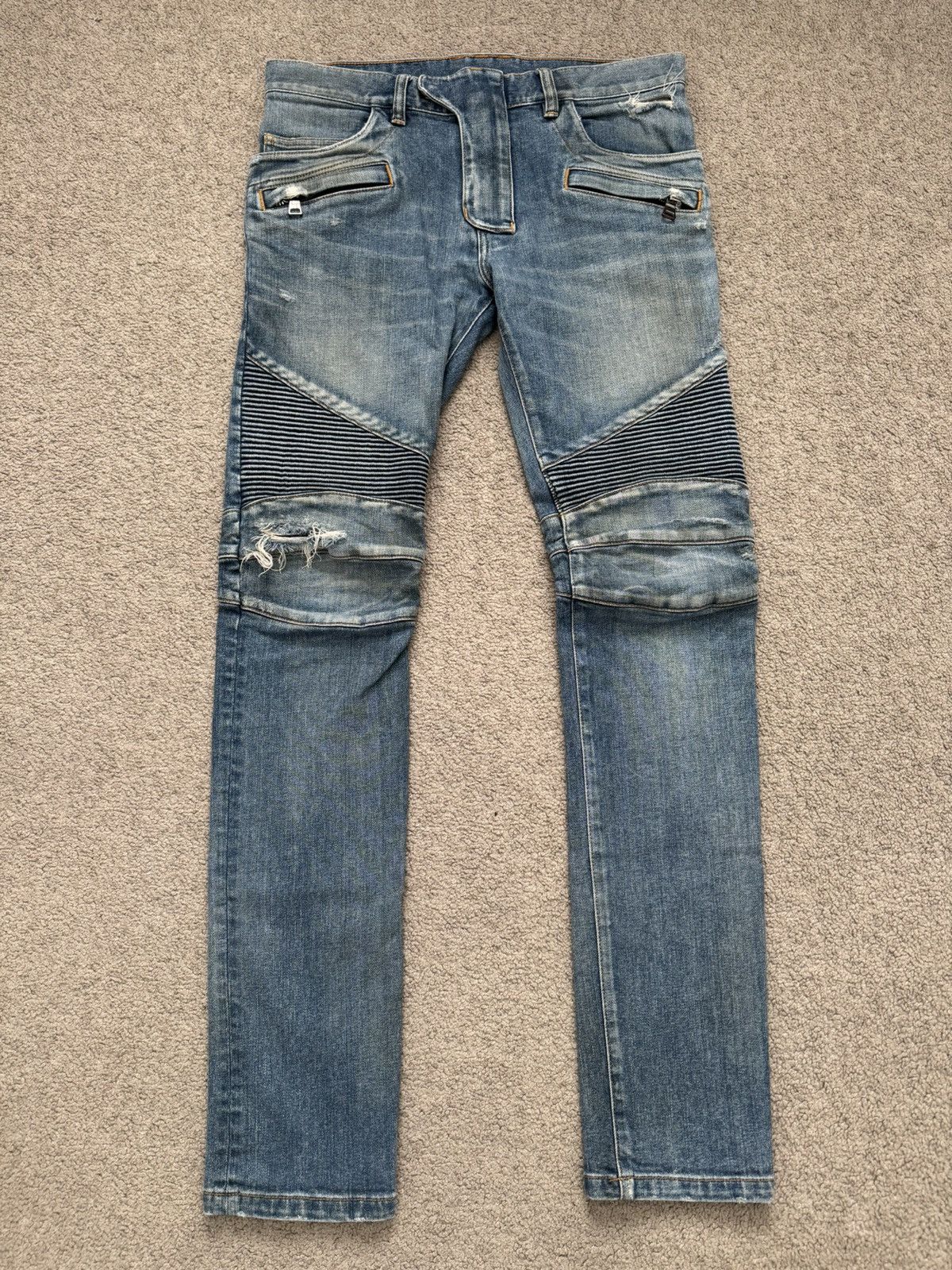 Balmain Olivier Rousteing Washed Zip Biker Denim Jeans