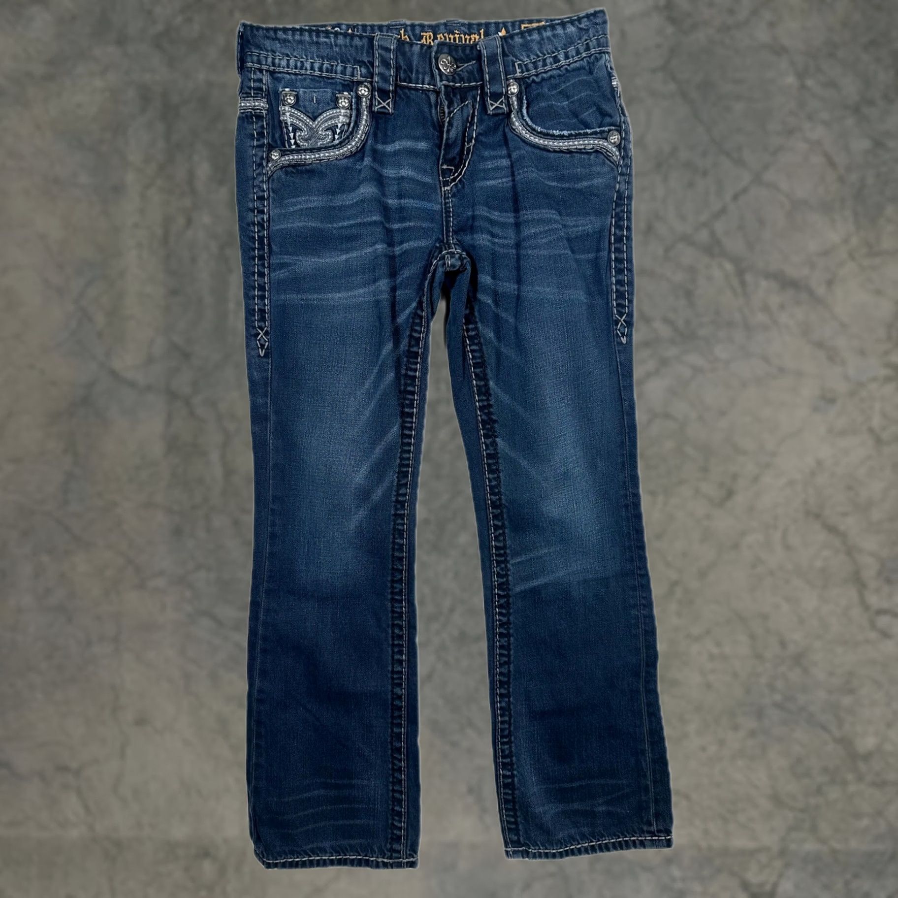 Vintage Rock Revival Jeans Bootcut Womens Rhinestone Embroidered Denim Size 28 Blue 5-Pocket Slim Rise Mid Inseam 36 Size 28" / US 6 / IT 42 - 1 Thumbnail