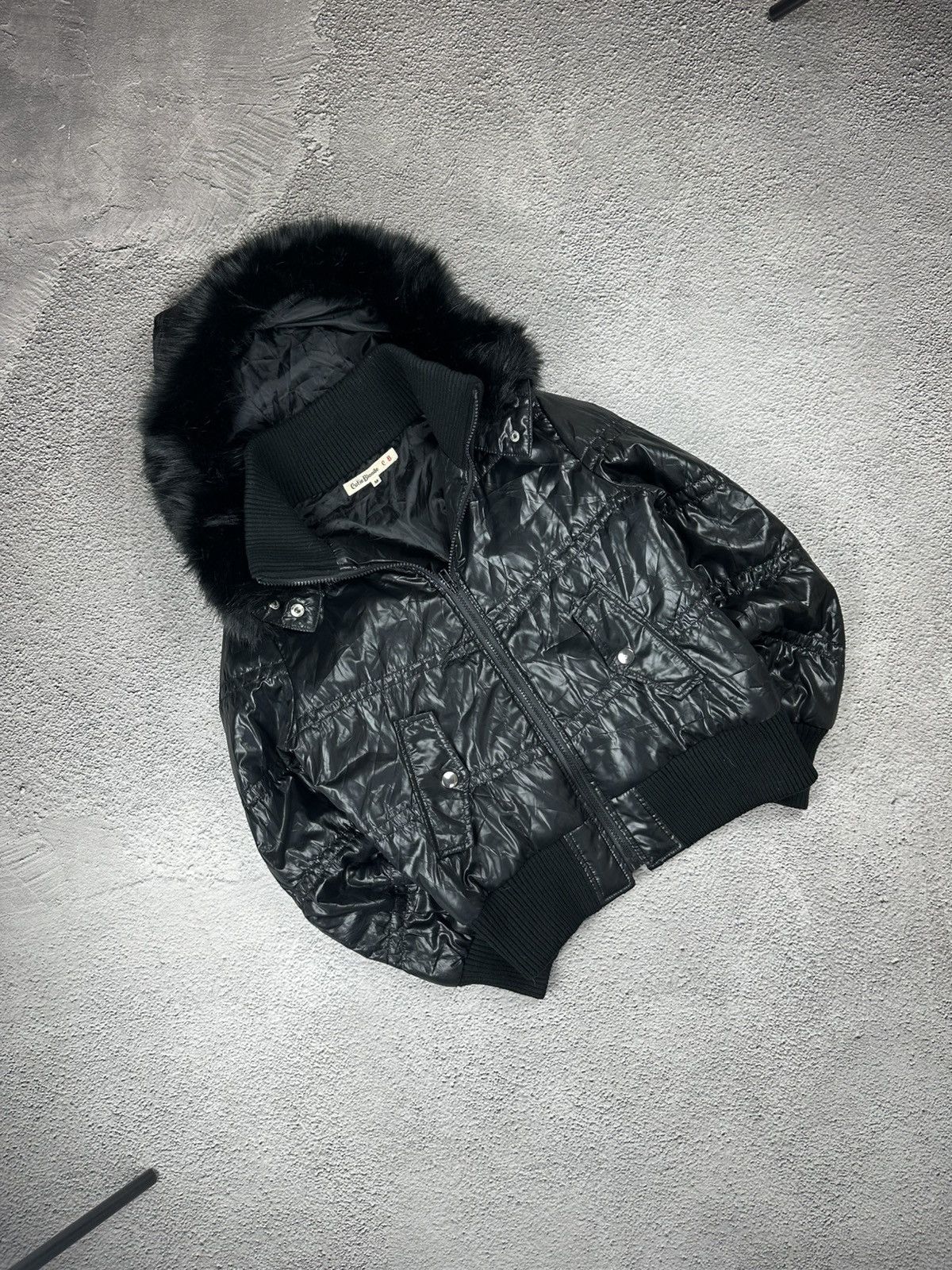 VTG if six nine Fur Faux Bomber Black Patent Opium Gothic