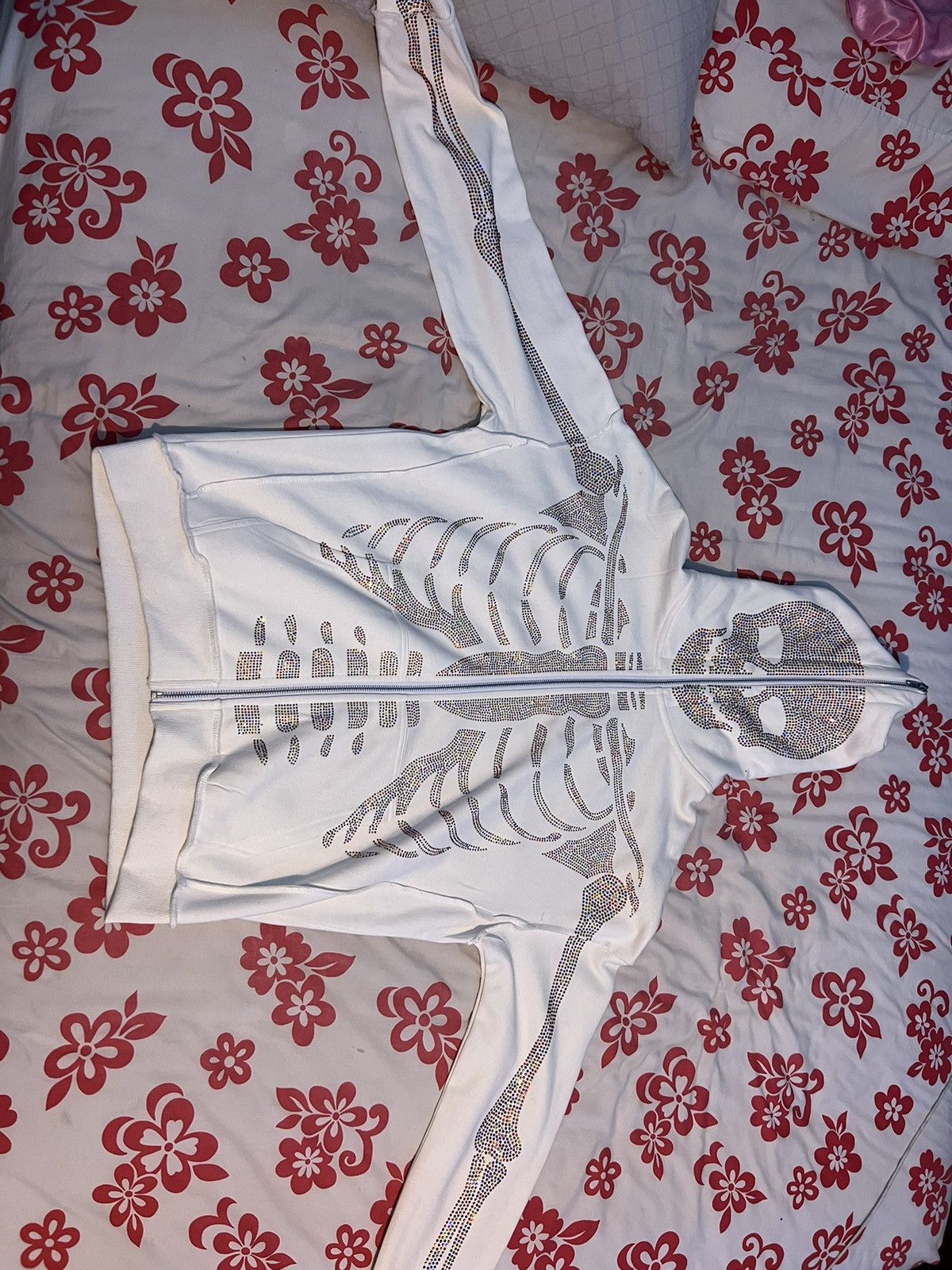 image of Kl Clothing White Skeleton Rainbow Rhinestone Hoodie, Men's (Size Medium)