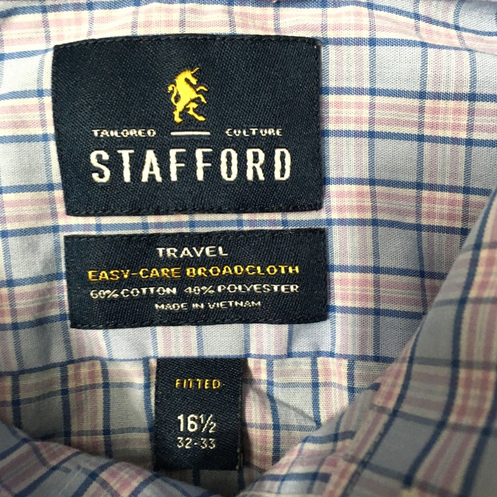 Stafford Stafford Dress Shirt Mens 16.5 32/33 Blue Pink Button Up Easy Care Travel Shirt Mens Dress Shirt Blue 16.5x32/33 Regular Cotton Polyester Button Up Size 46R - 2 Thumbnail