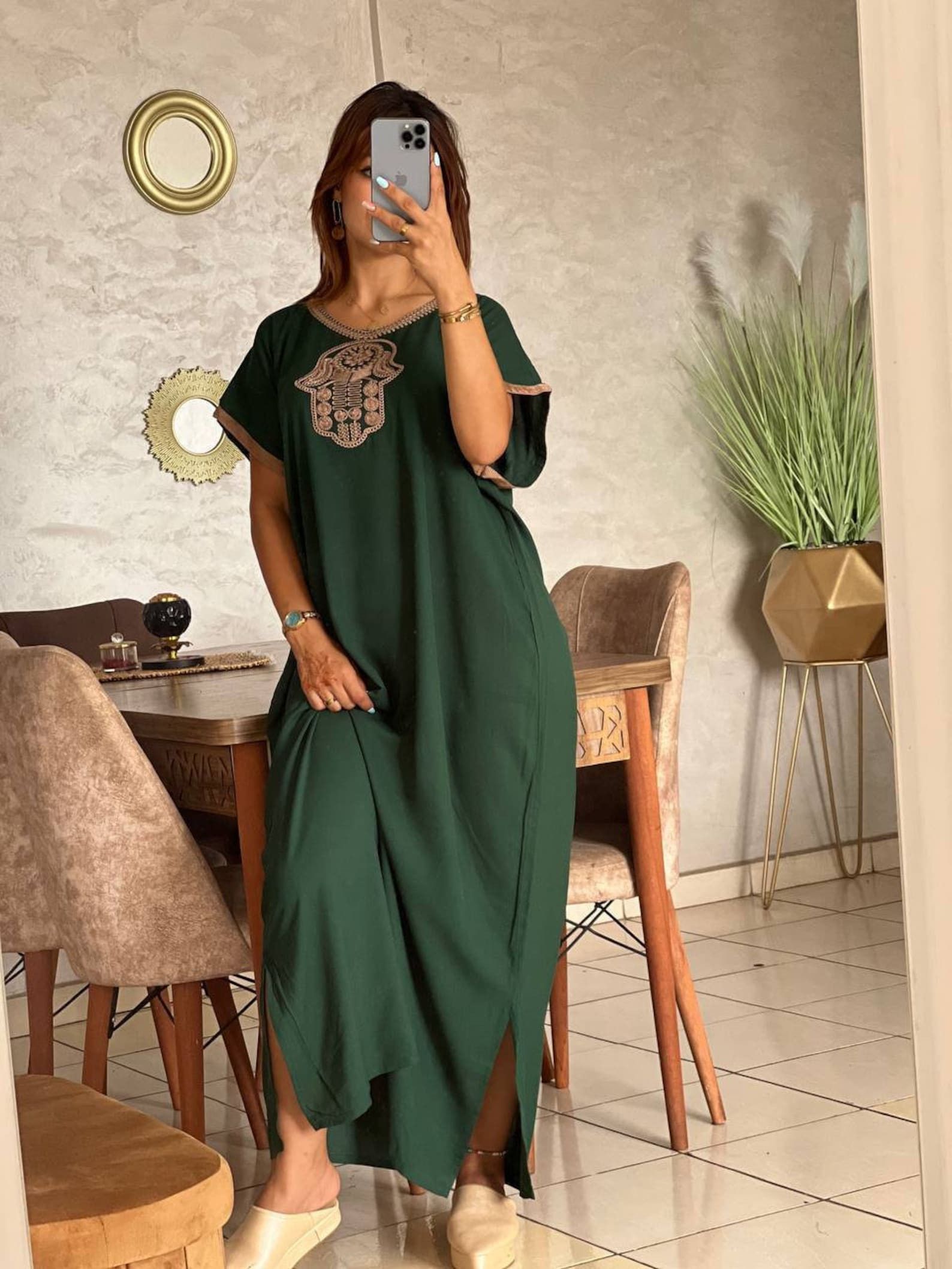Designer × Handmade Green Moroccan Kaftan Djellaba Size ONE SIZE - 2 Thumbnail
