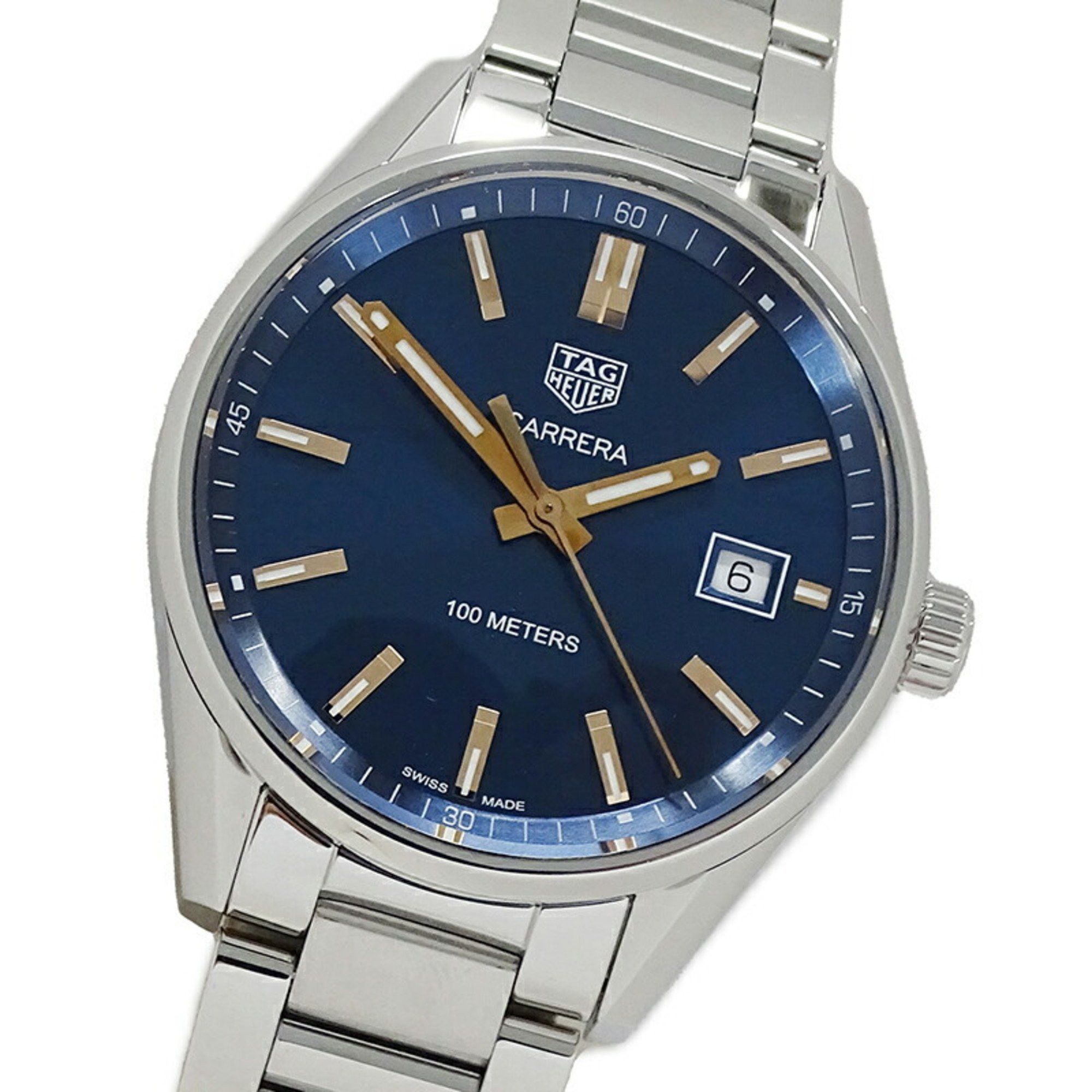 Tag Heuer Carrera War1112 Ba0601 Watch Men's Date Quartz Stainless Steel Ss Silver Blue Polished