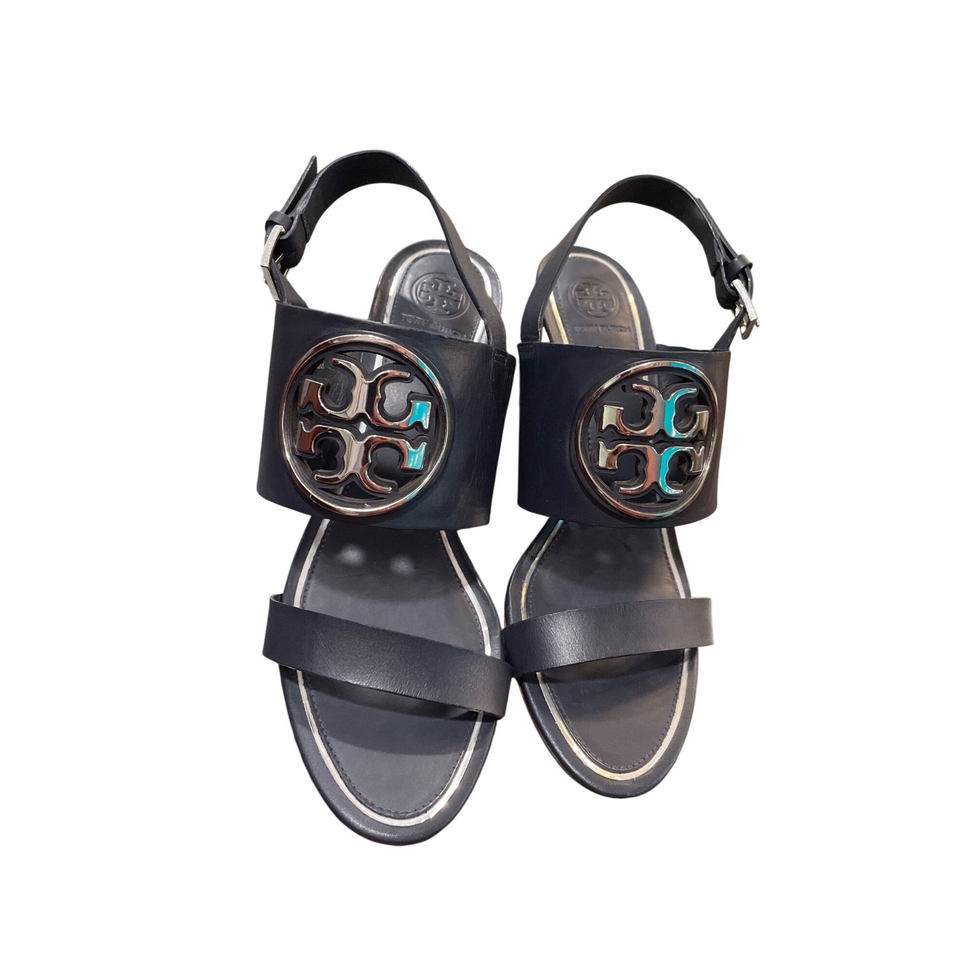Tory Burch Tory Burch wms black leather 3" open sling back wedge shoes Size US 8.5 / IT 38.5 - 18 Thumbnail