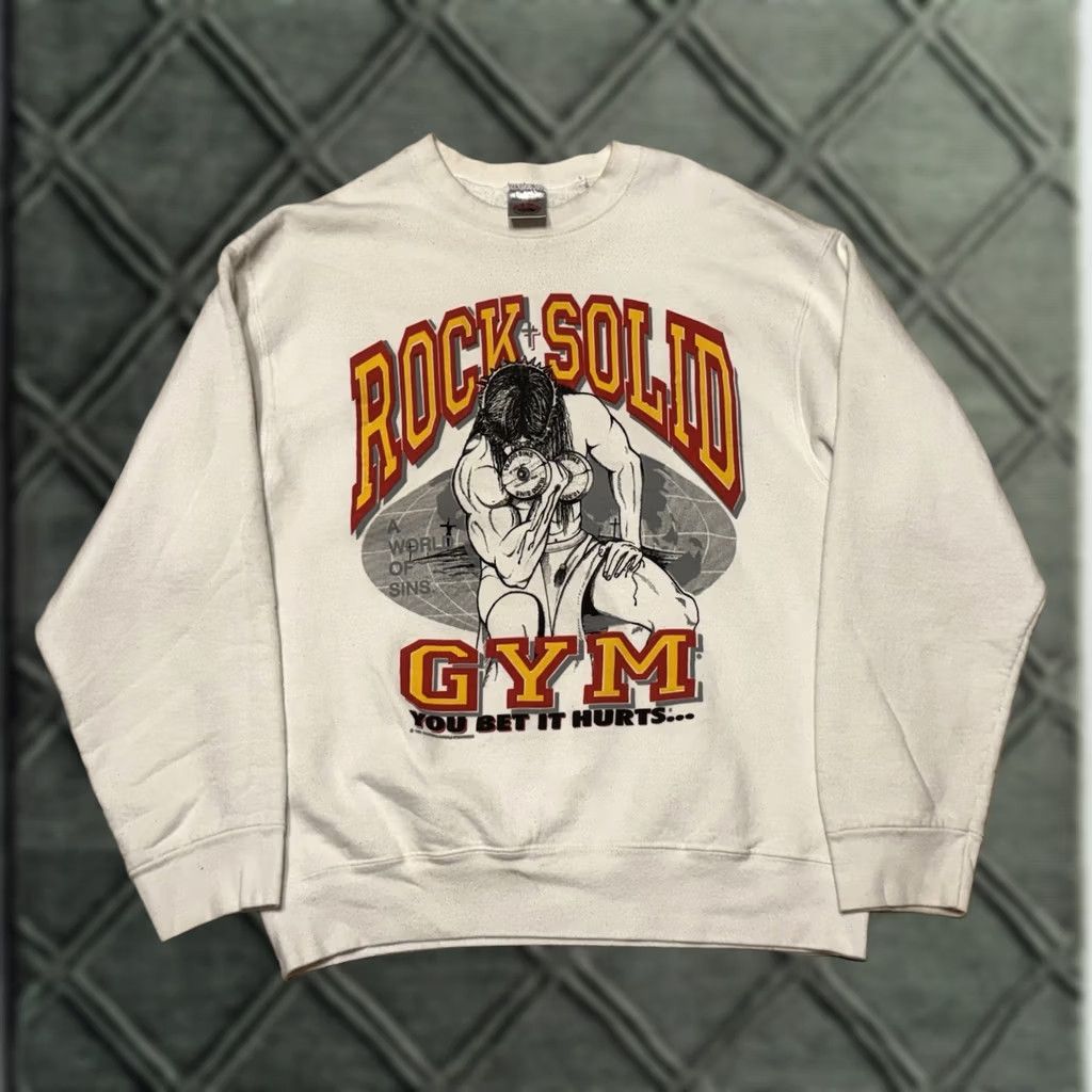 Fruit Of The Loom VINTAGE Fruit of the Loom Rock Solid Gym Jesus Crewneck Sweatshirt L White Cotton Fleece Logo Graphic Print Mens Size US L / EU 52-54 / 3 - 1 Thumbnail