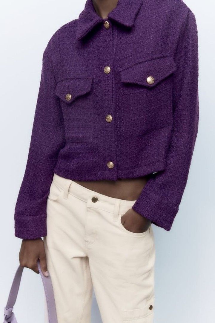 Zara Zara Cropped Tweed Purple Jacket Size S / US 4 / IT 40 - 3 Thumbnail