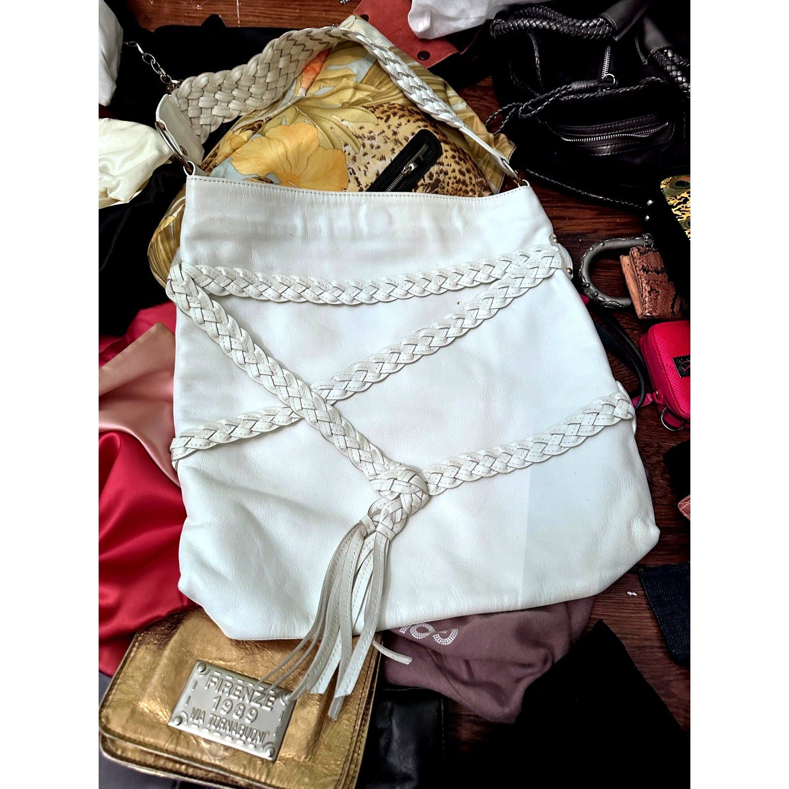 Other GOLDENBLEU HUGE BOHO WHITE LEATHER BAG BRAIDED TRIM & TASSEL Size ONE SIZE - 2 Thumbnail