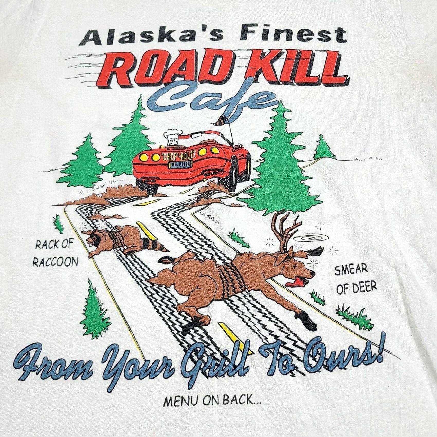 Vintage VINTAGE Alaska's Road Kill Cafe Double-Sided Men's T-Shirt Size S 90's Crew Neck White Short Sleeve 1980-1989 Men Size US S / EU 44-46 / 1 - 2 Thumbnail
