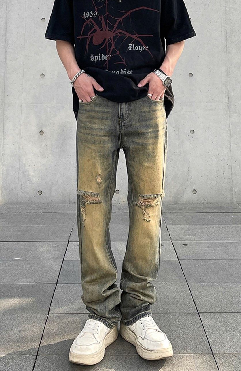 image of Mud Dyed Ripped Jeans in Blue, Men's (Size 33)