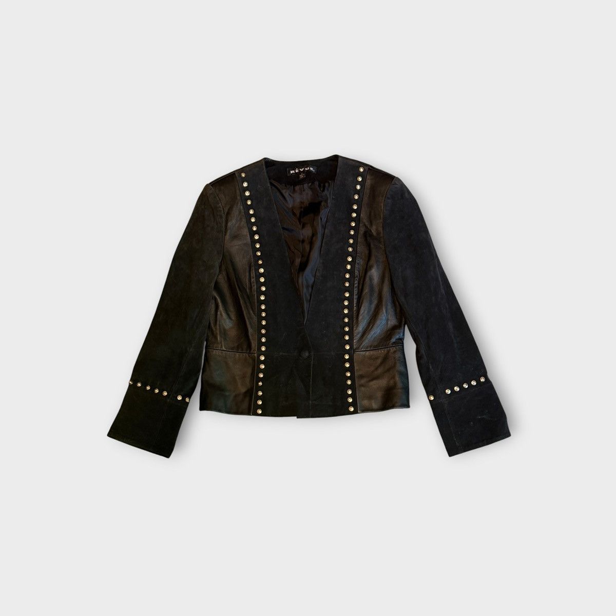 Review Vintage 90’s Révue Black Leather Suede Studded Blazer SZ 6 Size M / US 6-8 / IT 42-44 - 1 Thumbnail