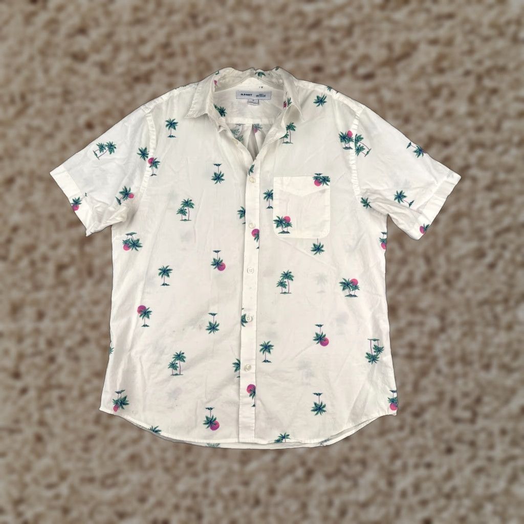 Old Navy VINTAGE No | Old Navy Button-Up Shirt Men M White Palm Tree Sunset Hawaiian Cotton Short Sleeve Casual Regular Fit 36 Chest - Mens Size US M / EU 48-50 / 2 - 1 Thumbnail
