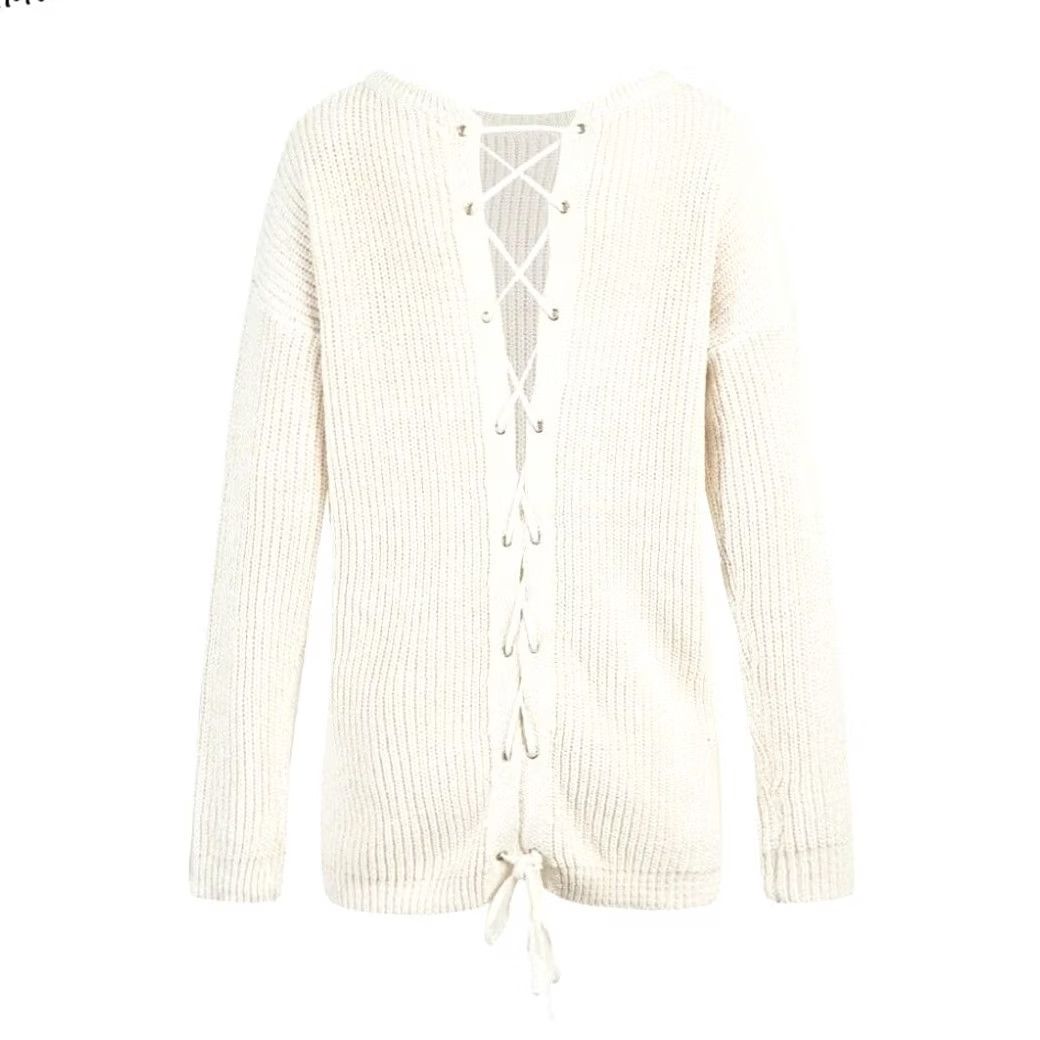 Vintage Beige Lace Up Back Ribbed Knitted Sweater Women M O Neck Scoop Neck Drop Shoulder Pullover Long Sleeve 100%Acrylic VINTAGE? Size M / US 6-8 / IT 42-44 - 5 Thumbnail