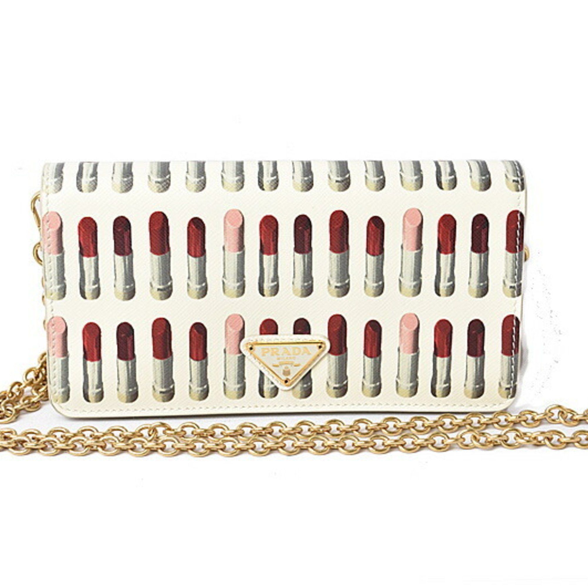image of Prada Wallet Chain Clutch Bag Smartphone Storage Prada Long 1Dh044 Saffiano Lip Motif Bianco White,