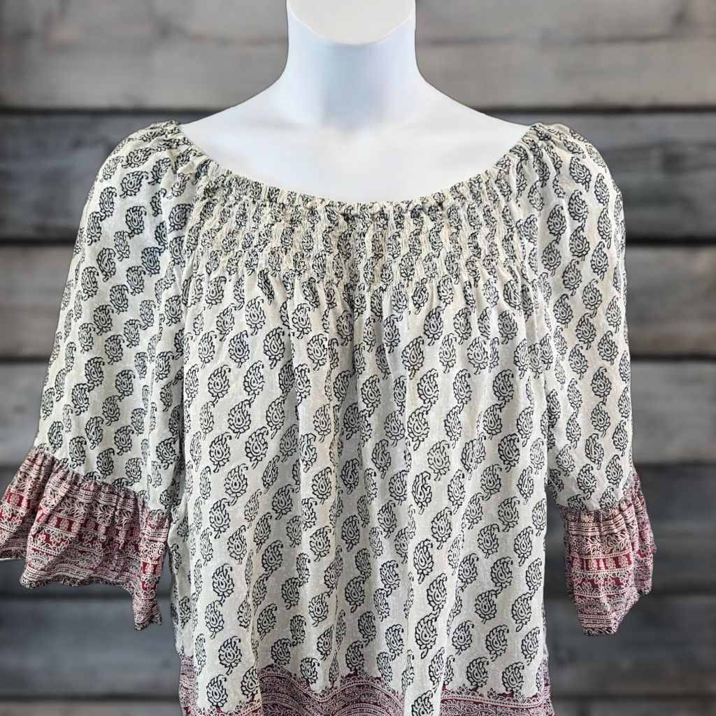 Vintage VINTAGE Beach Lunch Lounge Womens Blouse Off The Shoulder 3/4 Sleeve Size 1X Gray Red Viscose Womens Size XL / US 12-14 / IT 48-50 - 1 Thumbnail