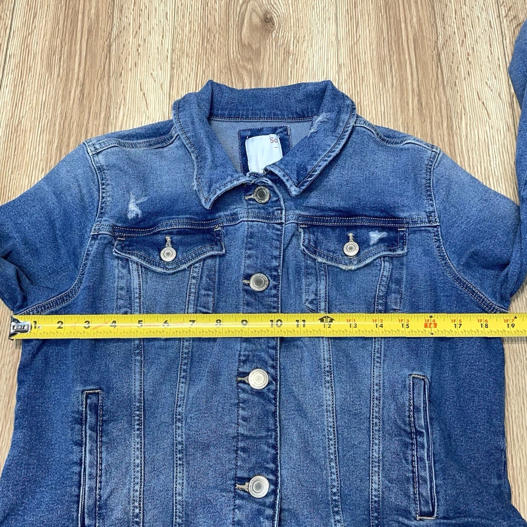 Denime VINTAGE SO Denim Jacket Blue Distressed Juniors Large with Pockets Womens Size 36" / US 14 / IT 50 - 6 Thumbnail
