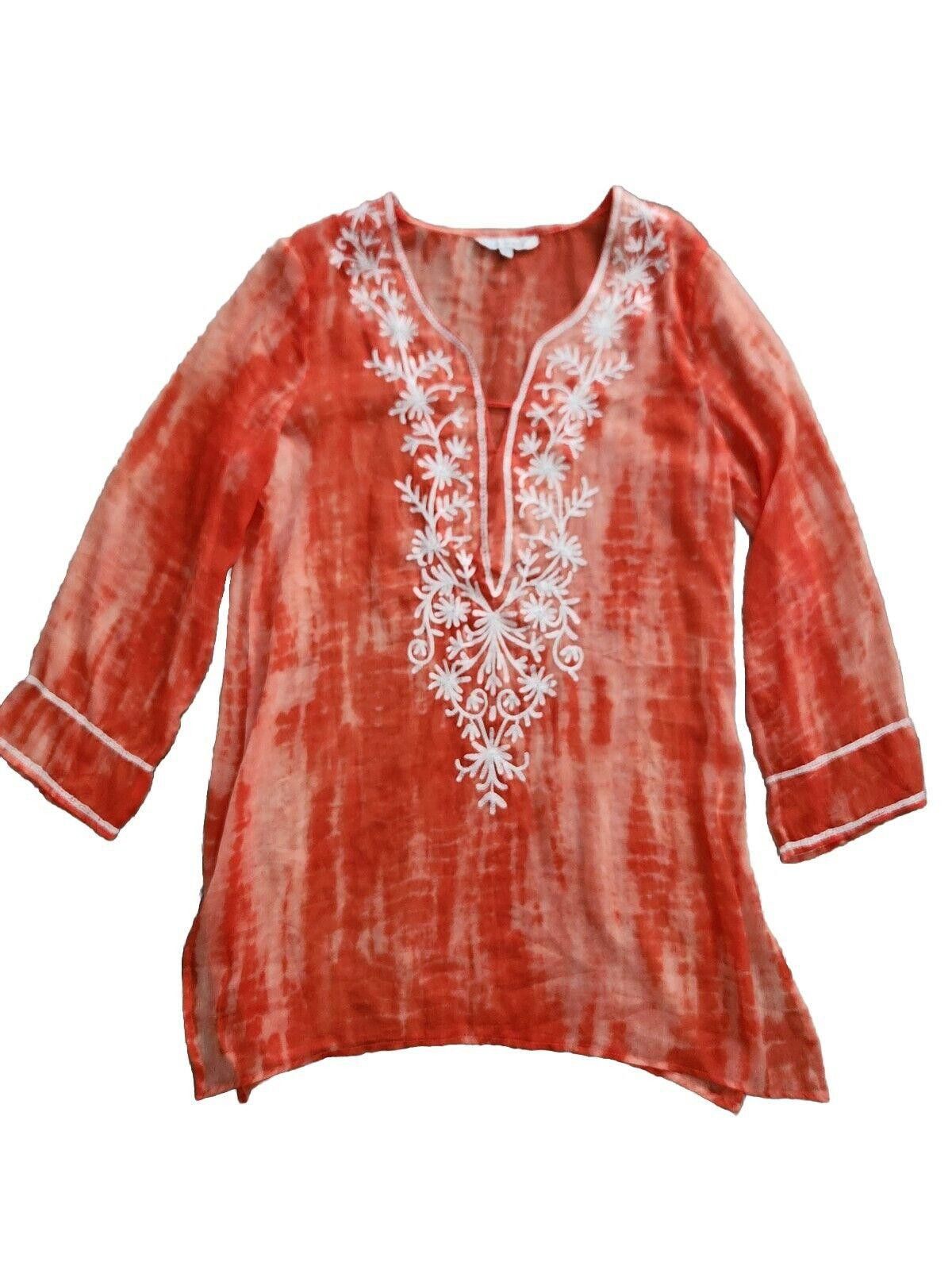 Designer Blue Island Beach Cover Up Large Orange Boho Embroidered V Size ONE SIZE - 1 Thumbnail