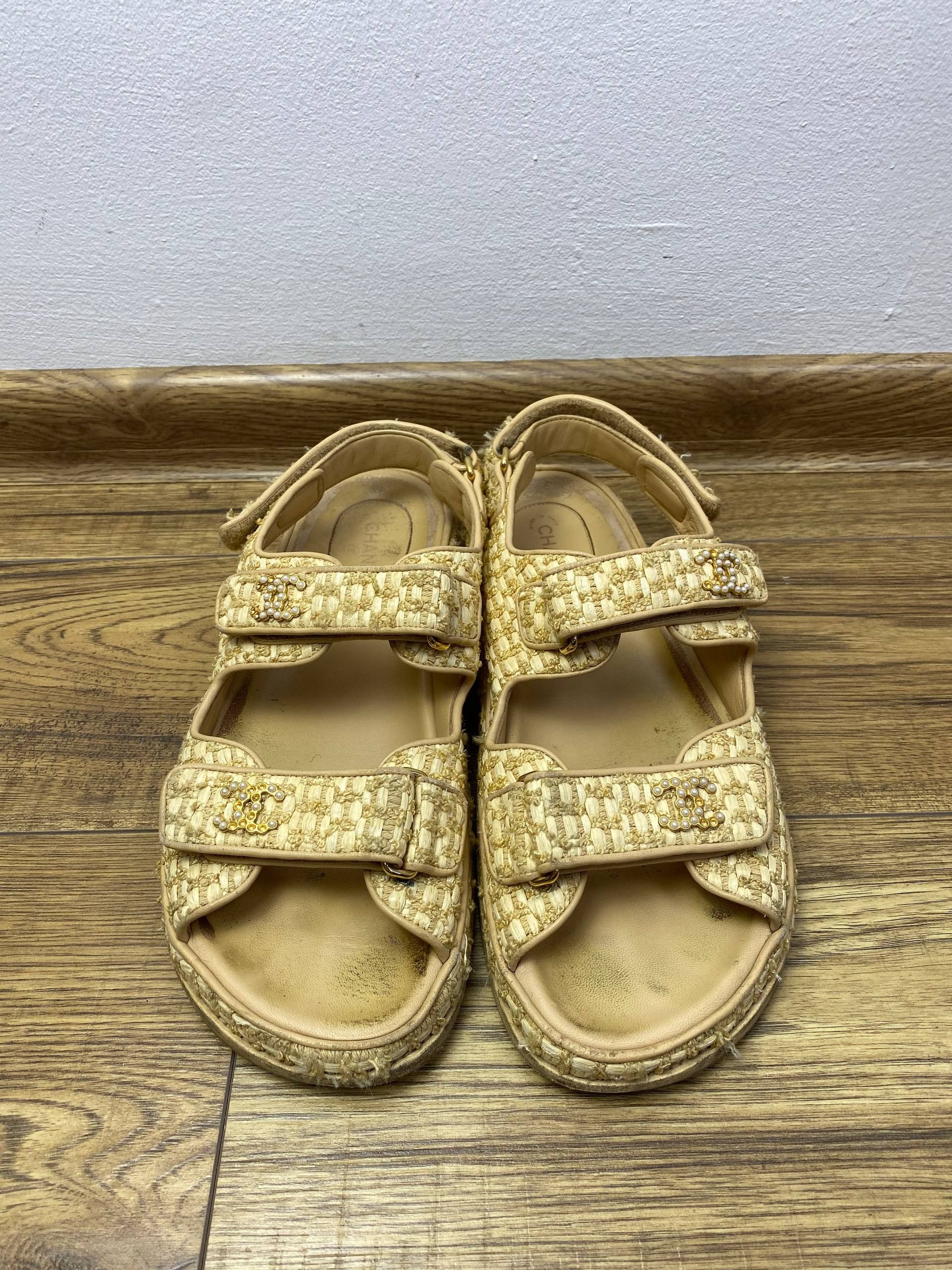 Chanel Chanel Raffia Dad Sandals with Pearl CC Logo – Beige/Gold Size US 9.5 / IT 39.5 - 1 Thumbnail